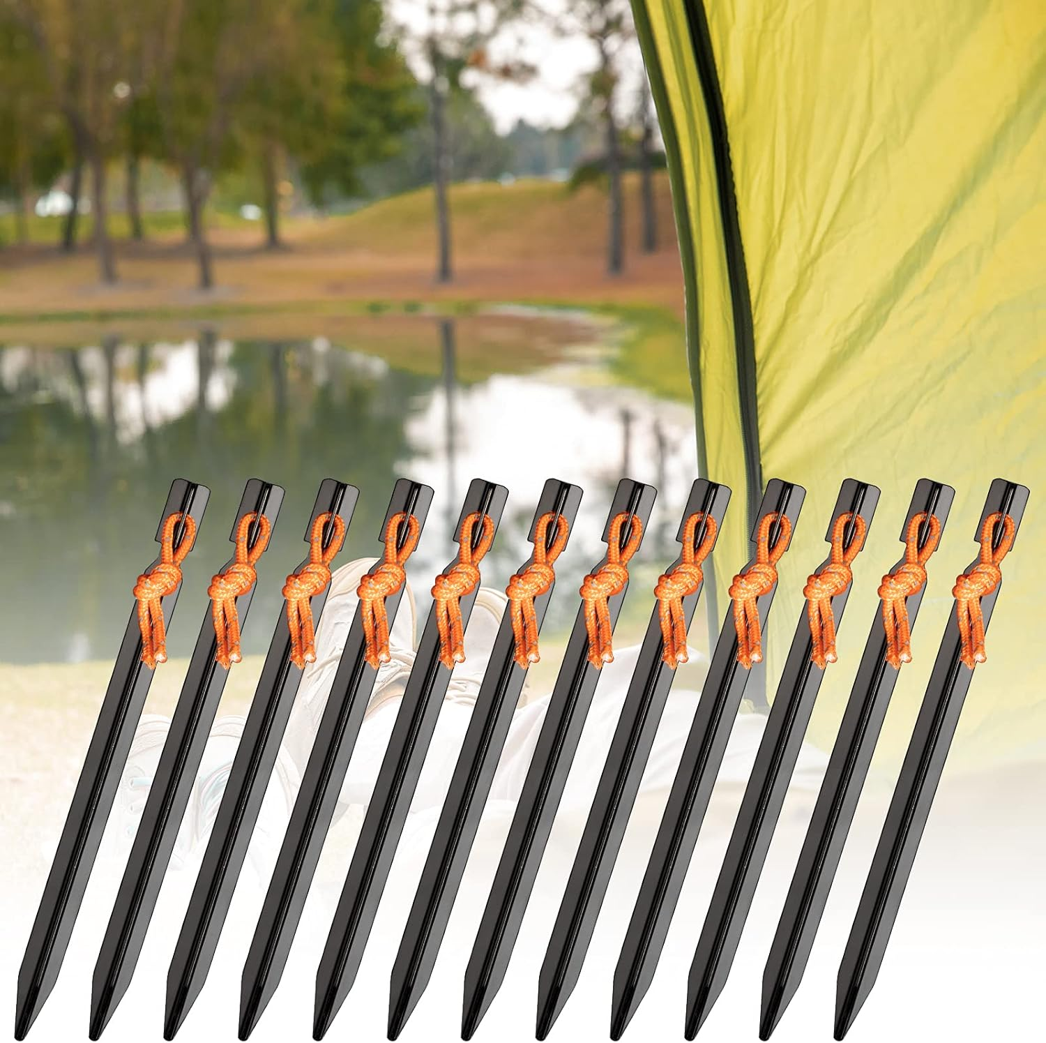 12 Pieces Tent Pegs, Y-Shaped Aluminium Alloy Red Campingtent Stake Nail with Reflective Rope for Camping image number 4