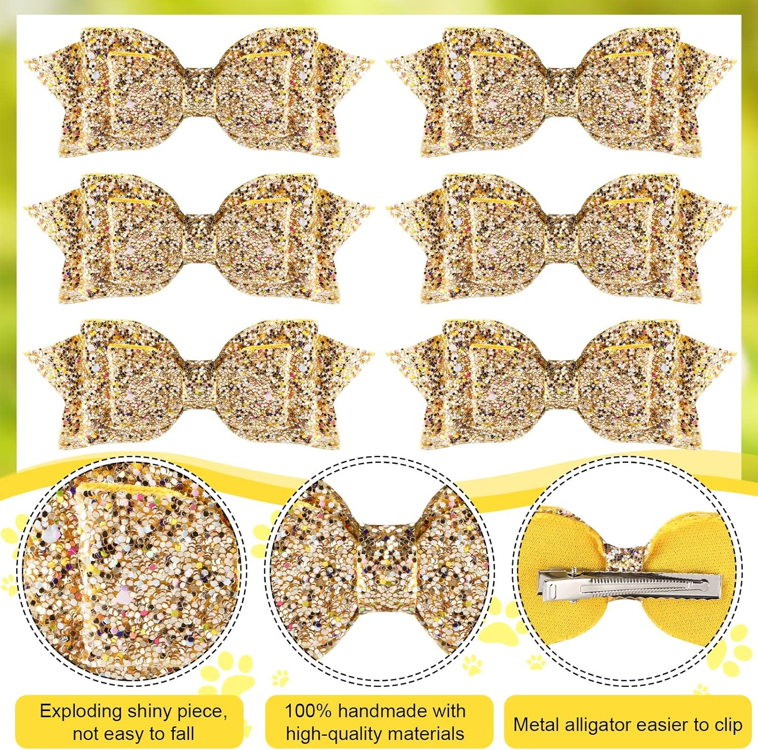 6 Pcs 5 Inch Glitter Sequin Boutique Hair Clips - Sparkly Bowed Accessories for Baby, Toddler, Teen Girls (Gold) image number 1