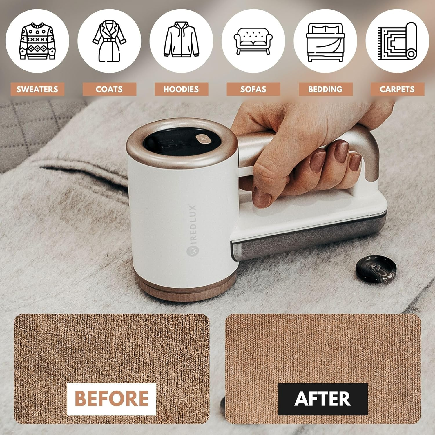 Electric Lint Remover Wiredlux - Rechargeable Fabric Shaver Bobble Remover for Clothes & Furniture - Adjustable 3-Speed, 6-Leaf Blade, LED Display, USB Charging (White) image number 4