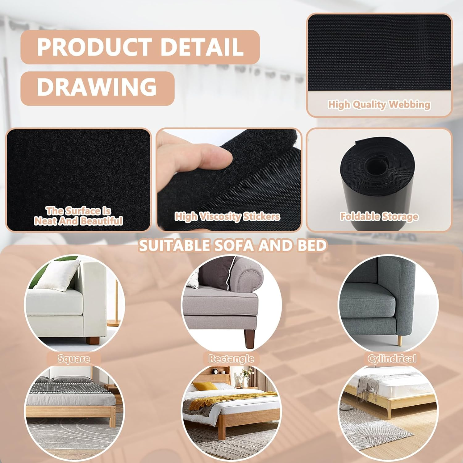 2 Pieces 39.3 Feet under Couch Blocker with Hook & Loop Tape, Adjustable under Bed Blocker for Pets, Couch Bumpers for under Couch Carpet, Furniture Gap Blocker Filler Barrier (1.9" W) image number 5