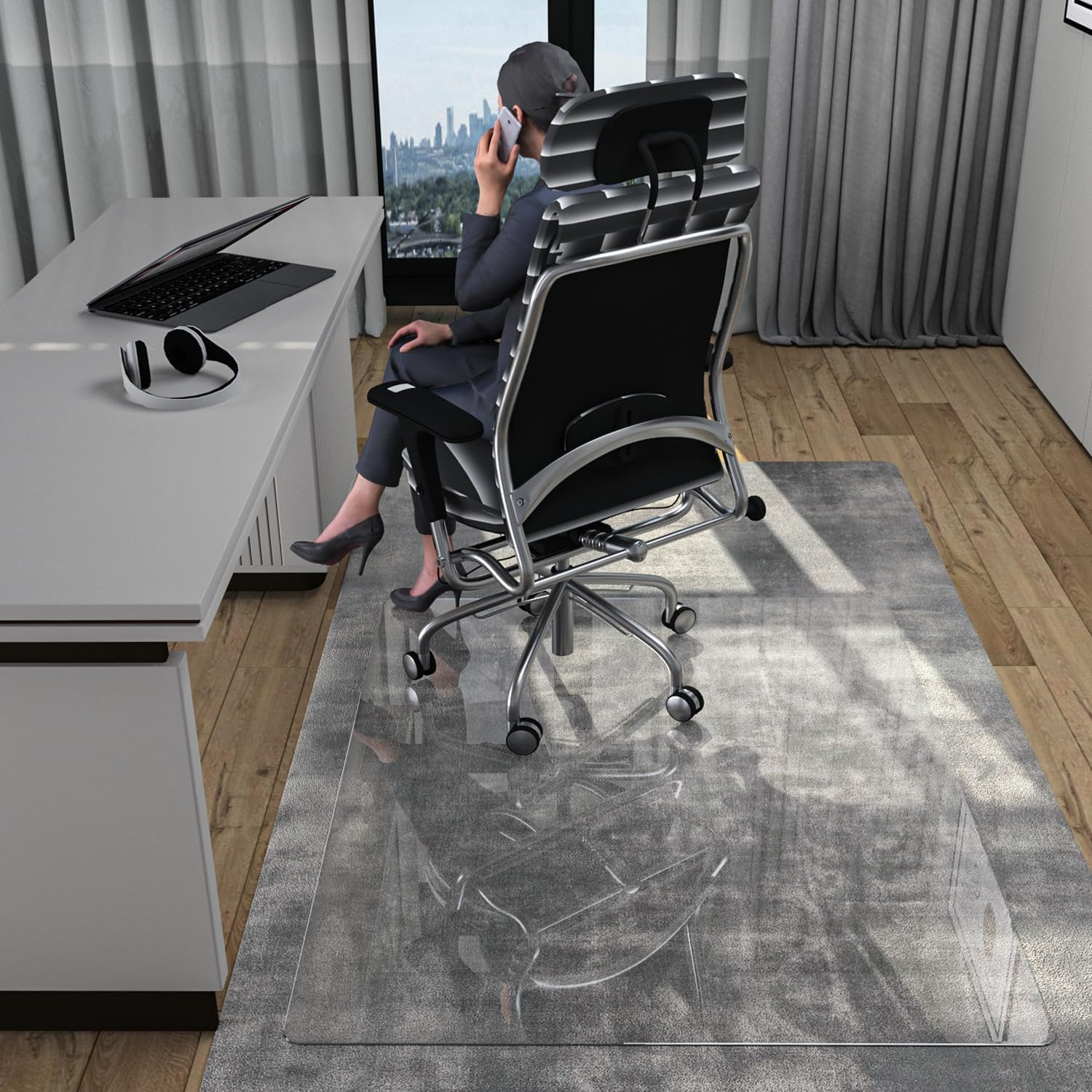 CONGUILIAO Glass Chair Mat, 115X139Cm Tempered Glass Office Chair Mat for Carpeted or Hardwood Floors, Computer Chair Mat Floor Protector Mat, Effortless Rolling, Easy to Clean (Transparent)