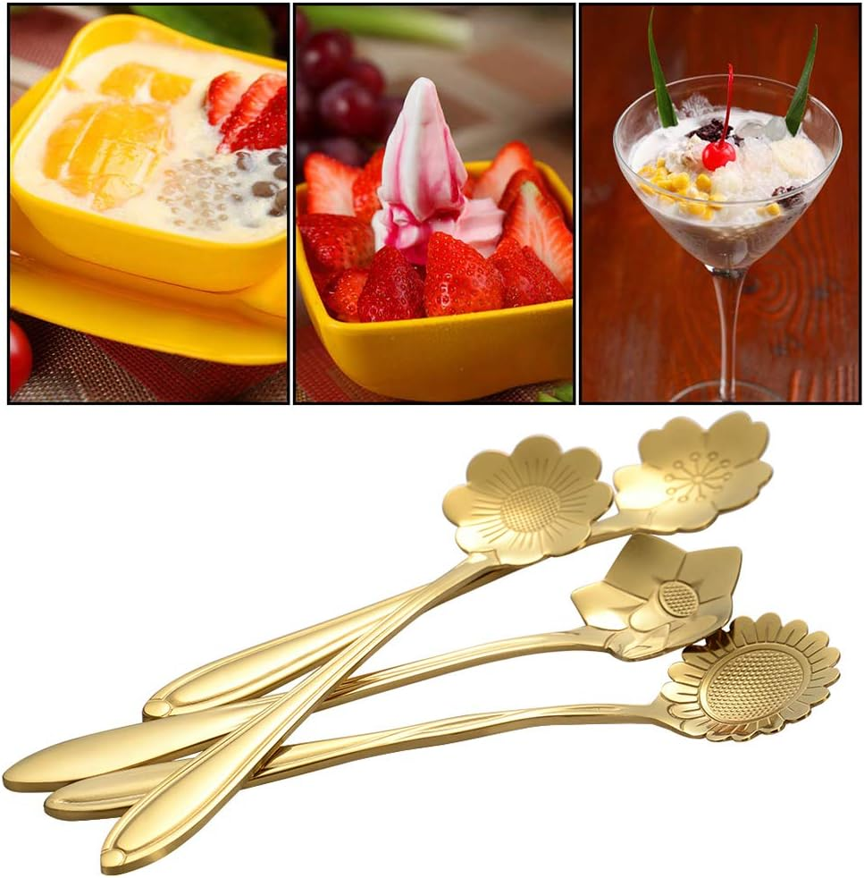 Ansaw 8 Pcs Flower Spoon Set, Stainless Steel Reusable Tea Scoops for Stirring, Coffee, Mixing, Sugar, Dessert, Cake, Ice Cream - Tableware for Tea Parties (Length: 4.9 Inch, Gold) image number 1