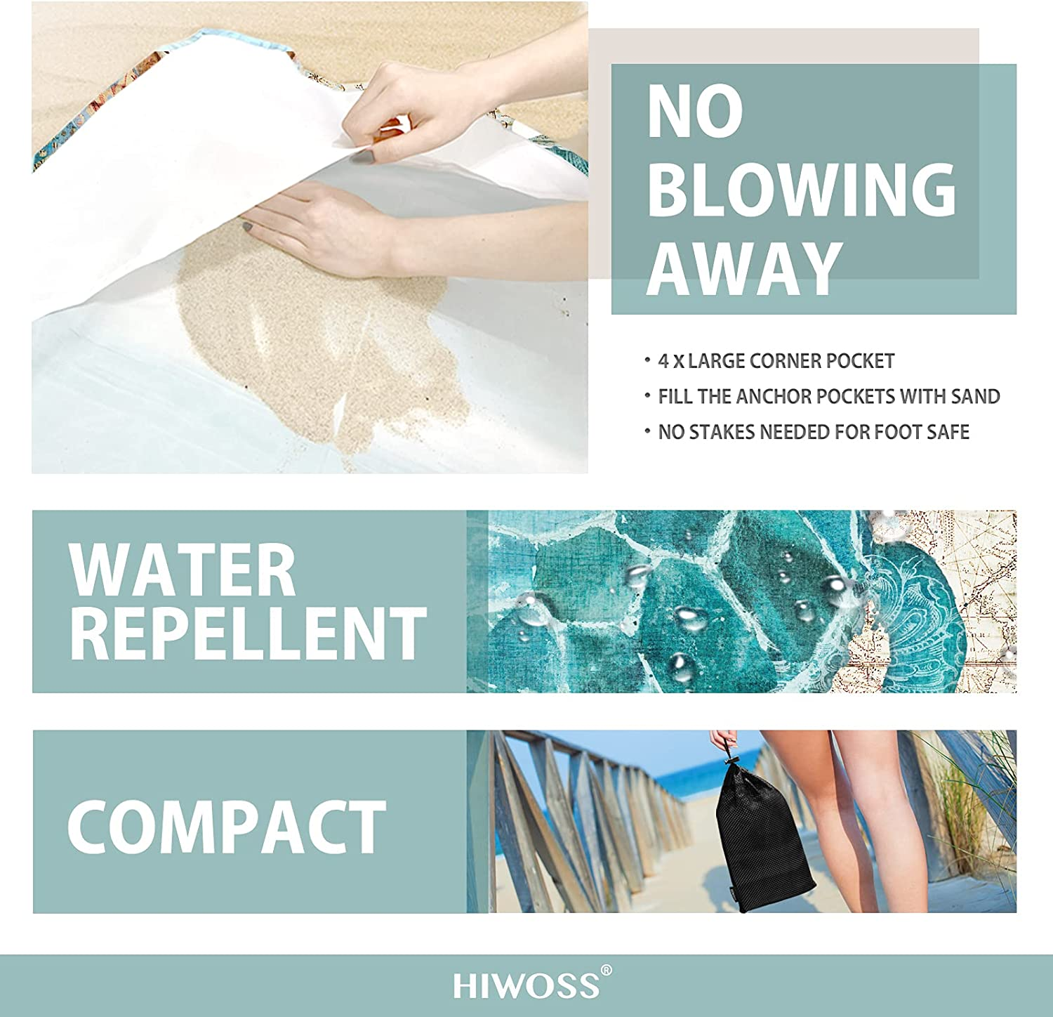 Beach Blanket Waterproof Sandproof Oversized 95&rdquo;X 80&rdquo;,Sand Free Beach Mat with Corner Pockets,Portable Mesh Bag for Beach Festival,Picnic,Travel and Outdoor Camping (Seaturtle) image number 4