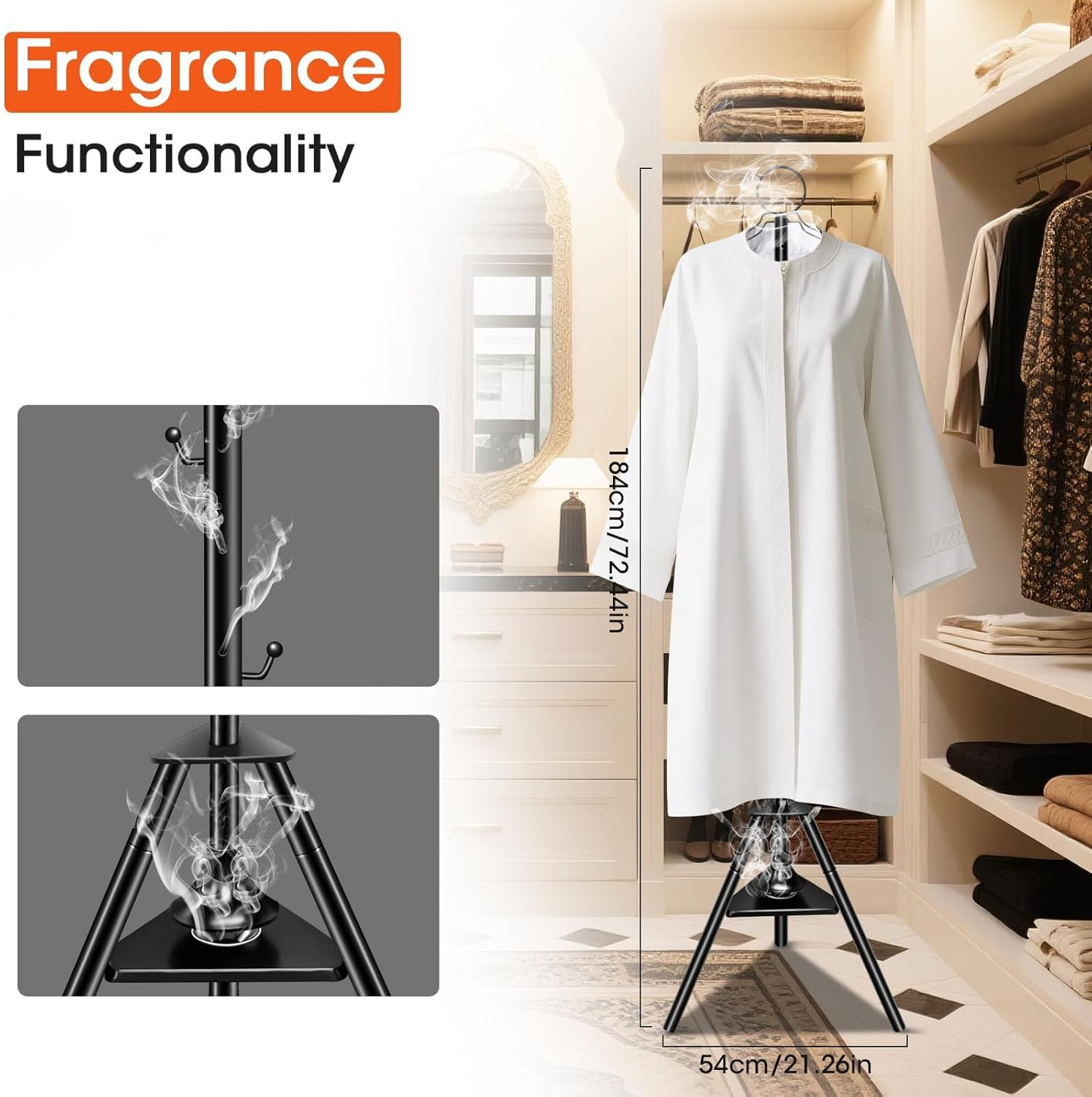 Clothes Incense Burner Stand - 187Cm Bakhoor Burner Stand Hanger with Cloth Hooks and Holes for Steaming Clothes, with Built-In Aromatherapy Burner, for Outerwear, Robes and Clothing image number 1