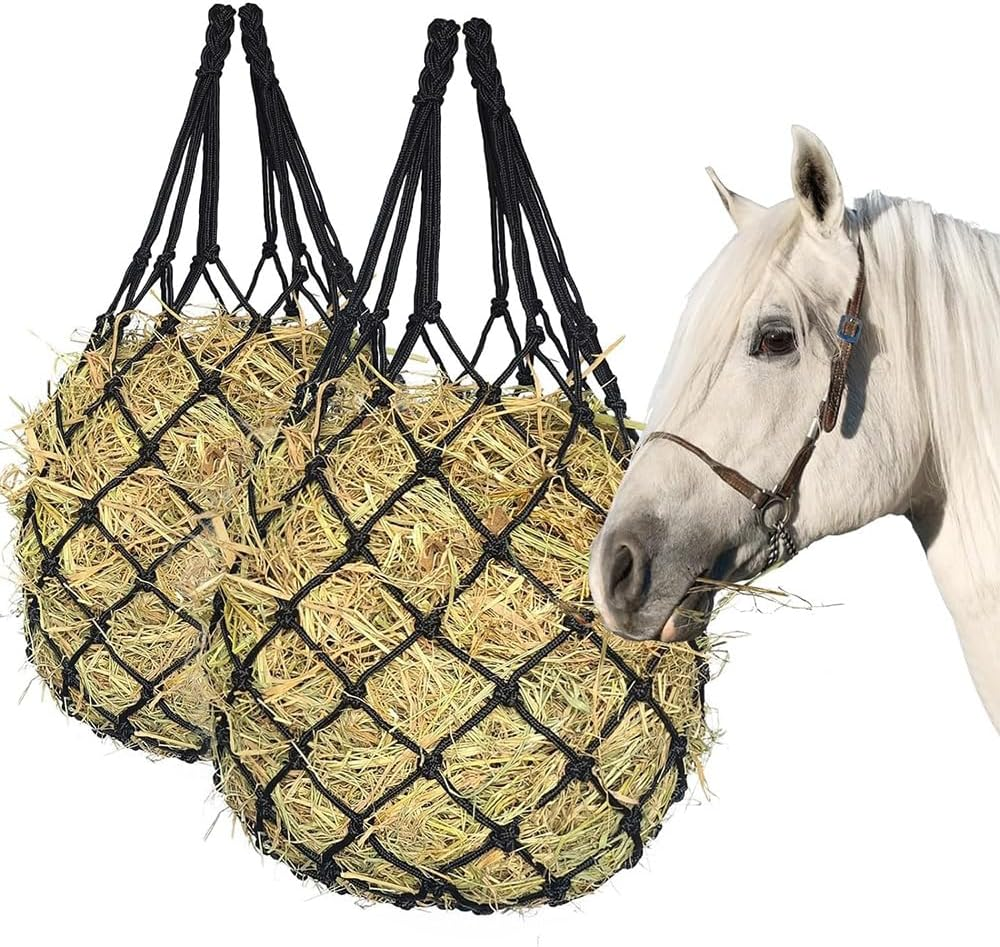 2 Pack Horse Hay Net, Slow Feed Hay Net Bag, Hanging Horse Feeding Bag, Suitable for Horse, Cattle, Sheep, Donkey Feeder, Strong Load-Bearing Capacity (Black) image number 1