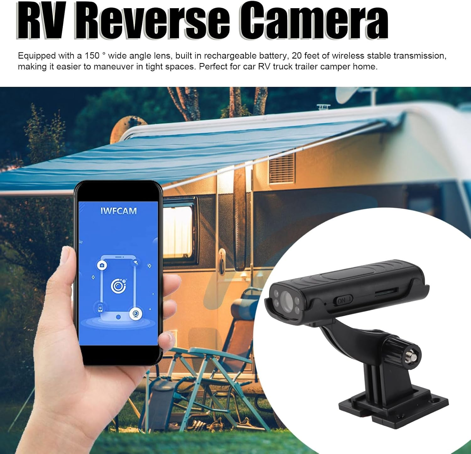 Rear View Camera, 20Ft Wireless Transmission Night Vision Wifi Connection Reverse Hitch Guide Camera Set Motion Detection for Trailer for Car image number 4