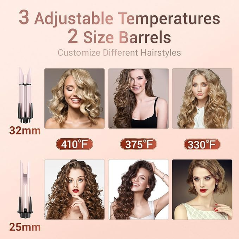 Automatic Curling Iron Hair Curler, Replaceable Curling Wand with 2 Sizes Barrel (1", 1.25") & 3 Temps, Hair Waver with Anti-Tangle & Auto-Off, Double Voltage Rotating Curling Iron for Long Hair-Rose image number 4