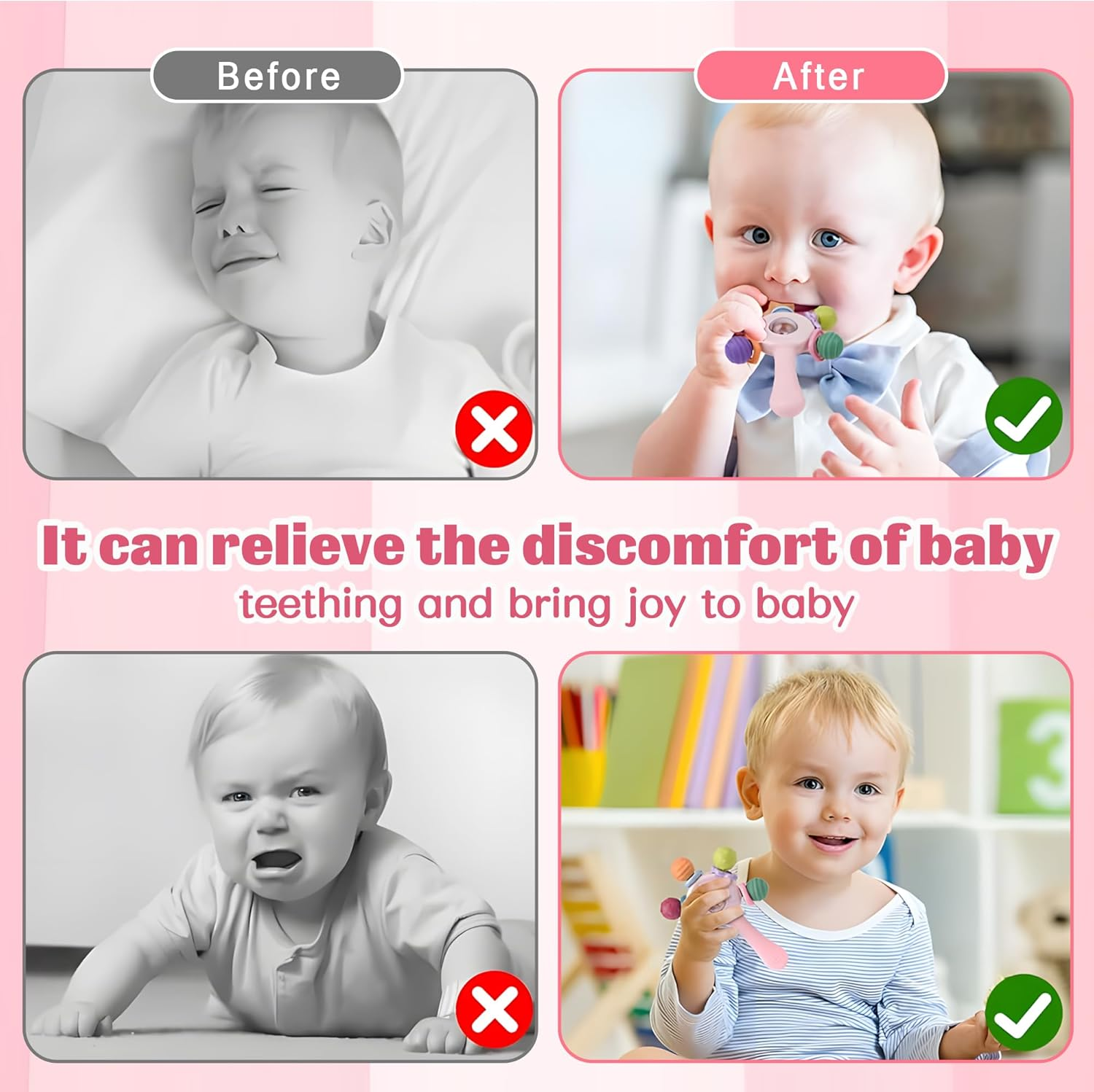 Baby Teether - Soft Silicone Baby Montessori Sensory Teether Toy- Chew Teether Toy for Babies - BPA Free Teething Sensory Rattle- Freezable Infant Soother Toy,Easy to Hold,Portable Rattle for Early Learning Education(Pink) image number 2