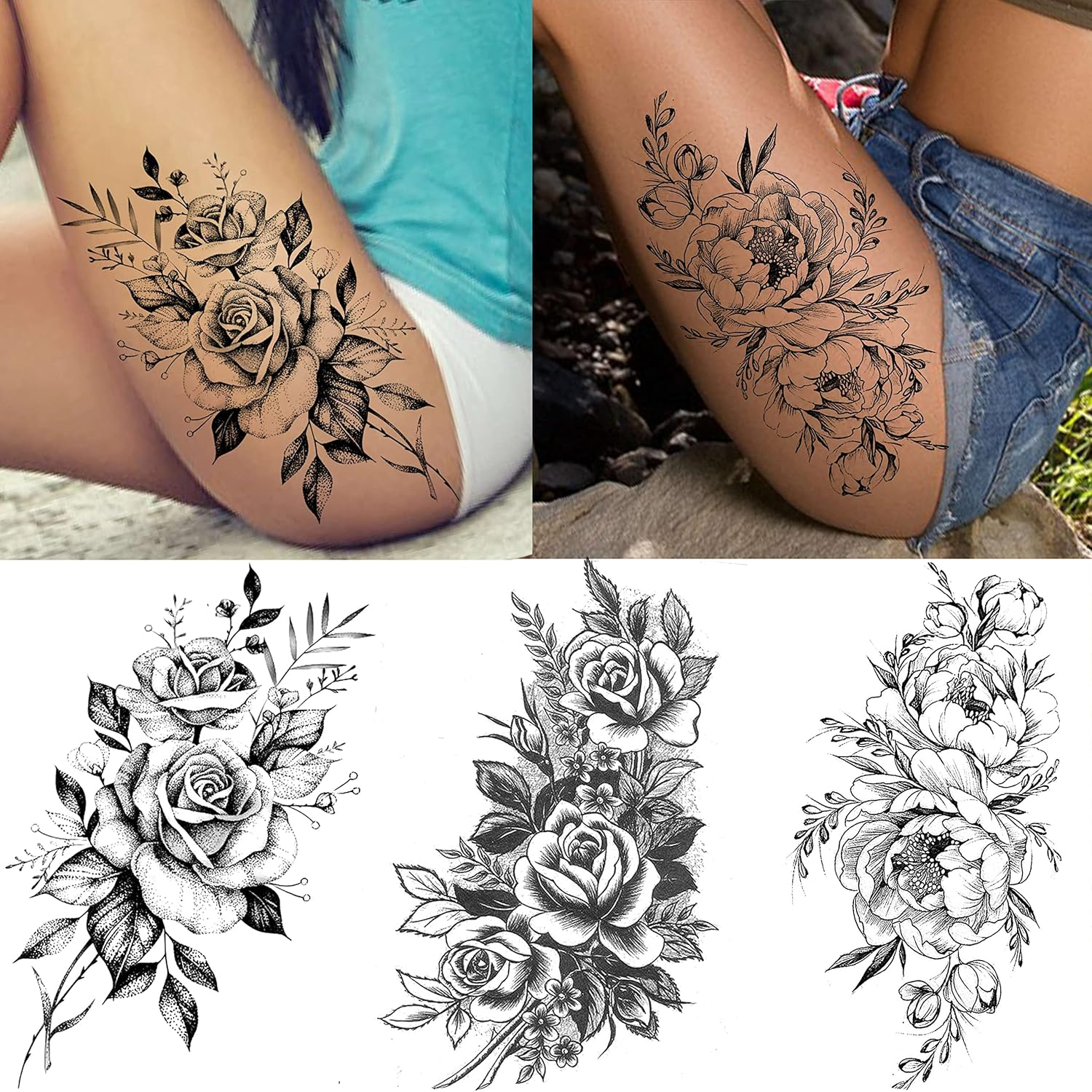 11 Sheets NEZAR Large Vine Peony Flower Rose Full Arm Temporary Tattoos for Women Realistic Skull Skeleton Fake Temporary Tattoo Sleeves Stickers Waterproof Leg Makeup Floral Blossom Tatoos Paper Eye image number 6