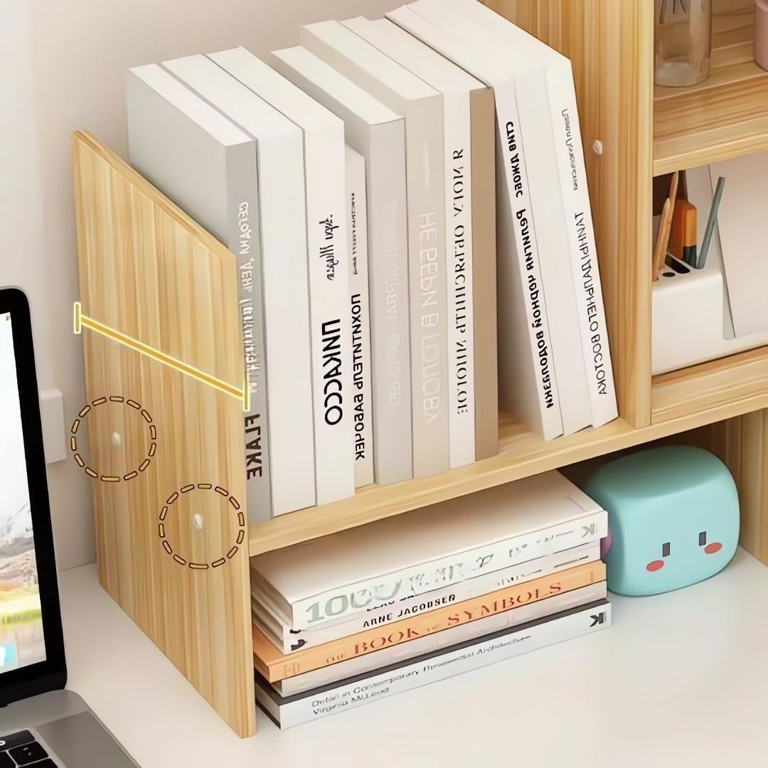 Desktop Bookshelf Organiser, Wood Bookcase, Office Desk Storage Shelf, Adjustable Width 36-72 Cm Bookshelves A292 (E Wood)