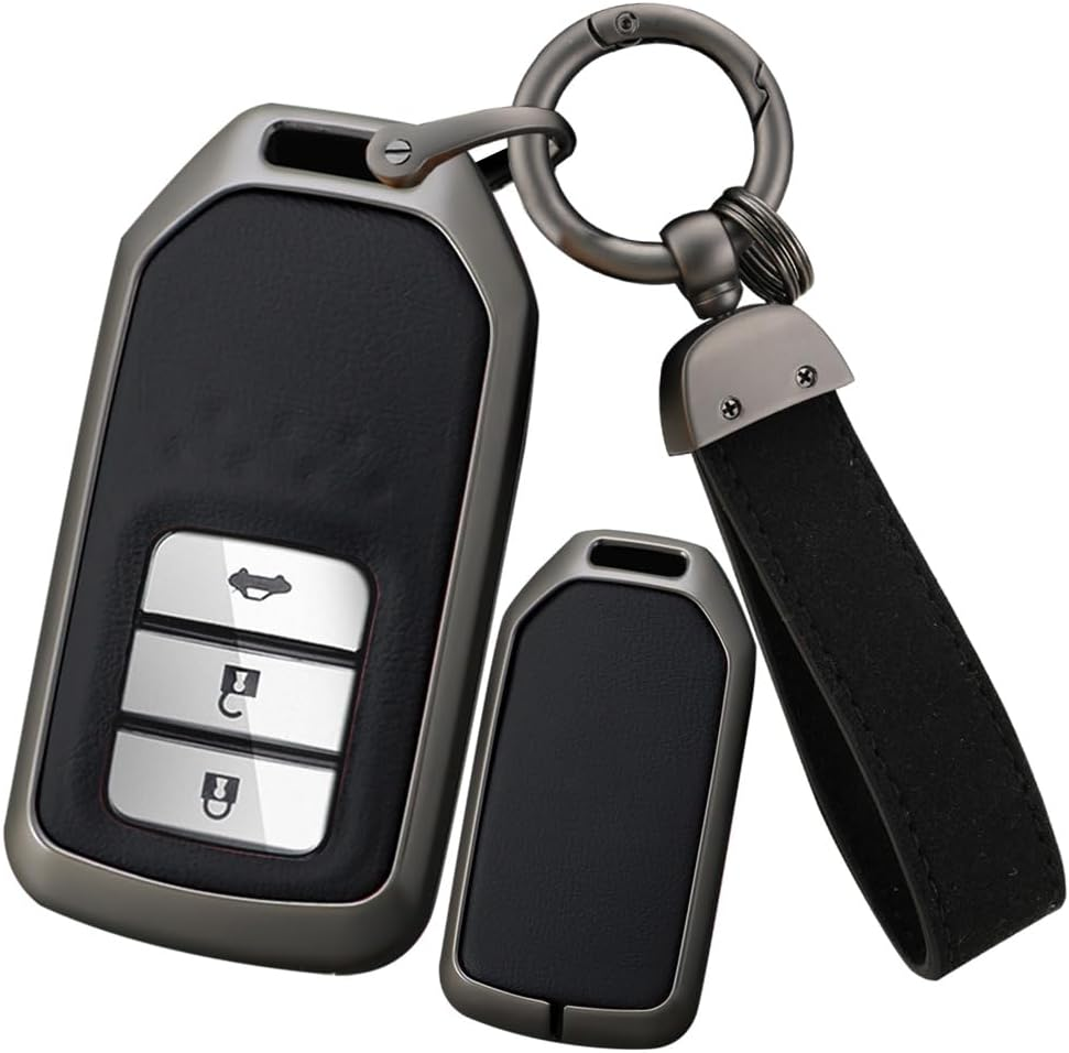 Ontto Alloy Leather Remote Key Fob Cover Fit for Honda Accord Civic CR-V Fit HR-V Pilot EX Odyssey Crosstour Ridgeline 2/3/4 Buttons Key Shell Case Keyring Key Holder Bag Keychian Accessories