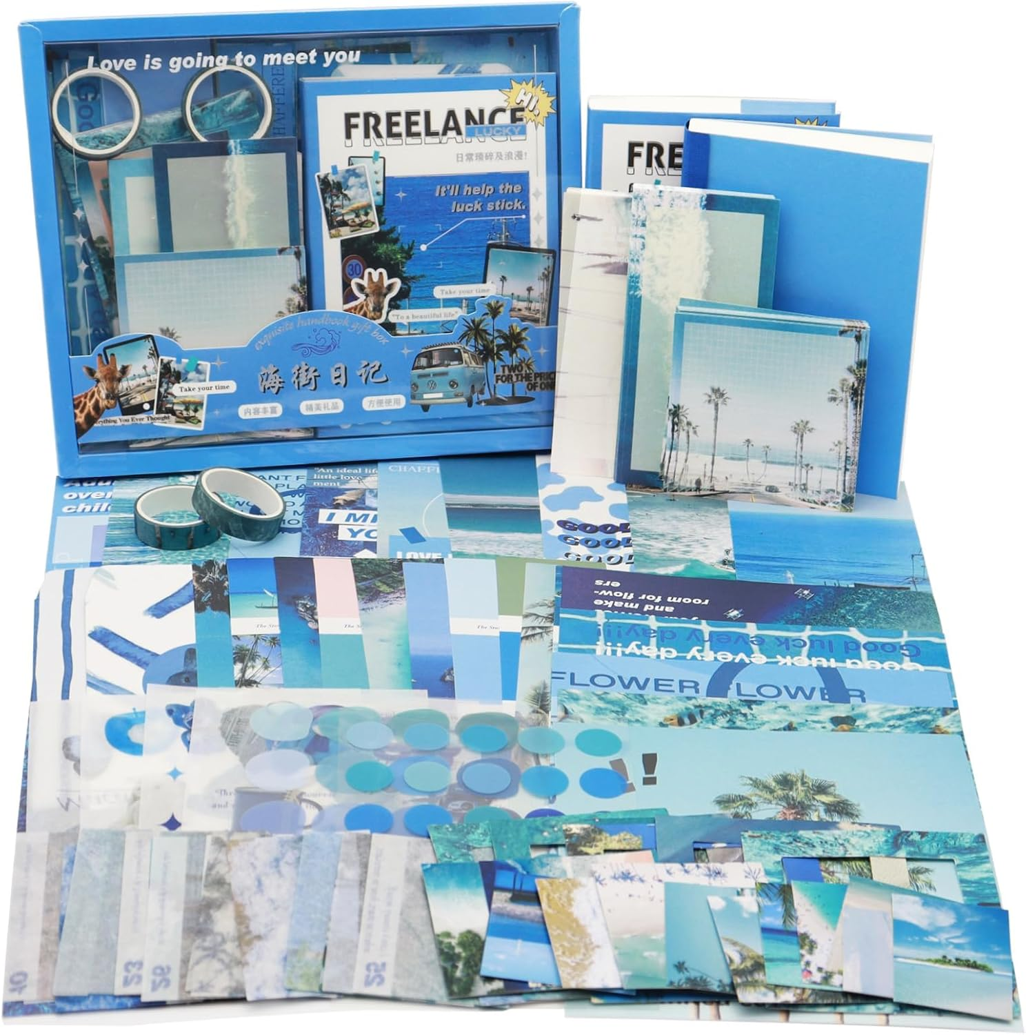 Scrapbook Kit with Scrapbooking Supplies Stickers, Aesthetic Scrapbook Paper, Washi Stickers, Tape, A6 Notebook Art Journaling Kit for Junk Journal DIY for Adults Teens (Sea)