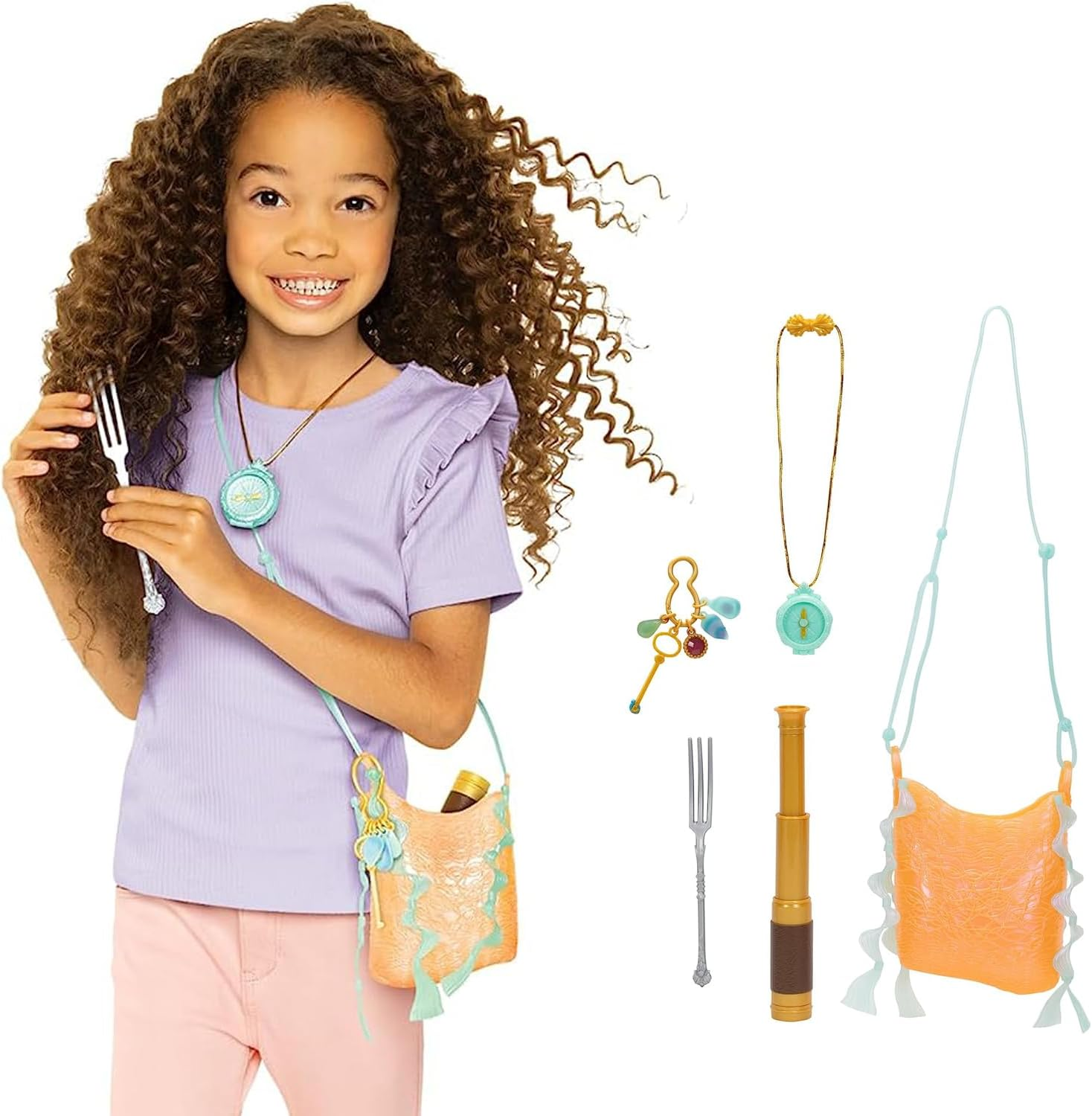 Disney the Little Mermaid Ariel Treasure Bag with Detachable Key Ring & Charms, Expanding Spy Glass, Compass and Dinglehopper Fork! Pretend Play Toys for Girls image number 5