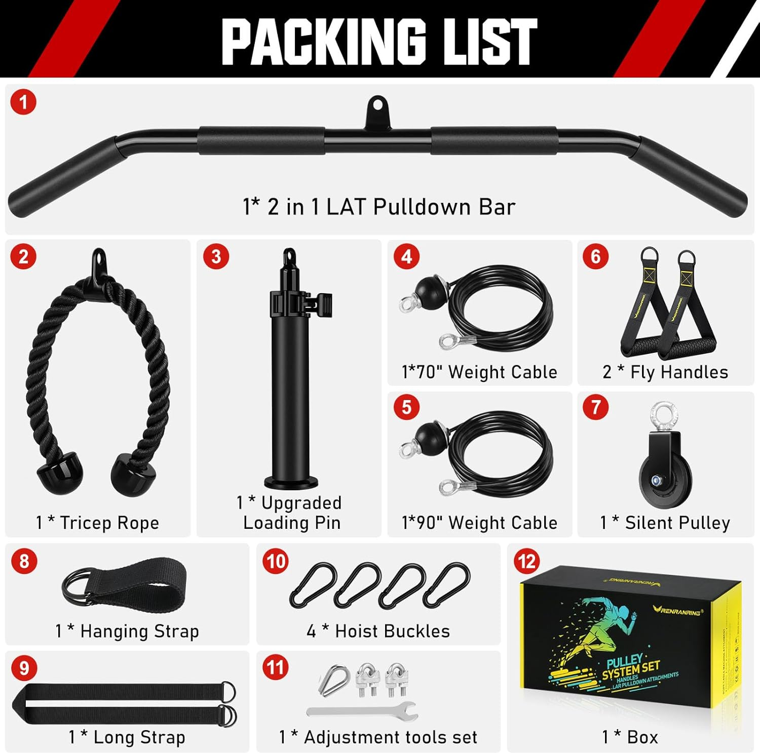 RENRANRING Fitness LAT and Lift Pulley System Gym - Upgraded LAT Pull down Cable Machine Attachments, Loading Pin, Handle and Tricep Rope, for Biceps Curl, Forearm, Triceps Exercise Gym Equipment image number 3