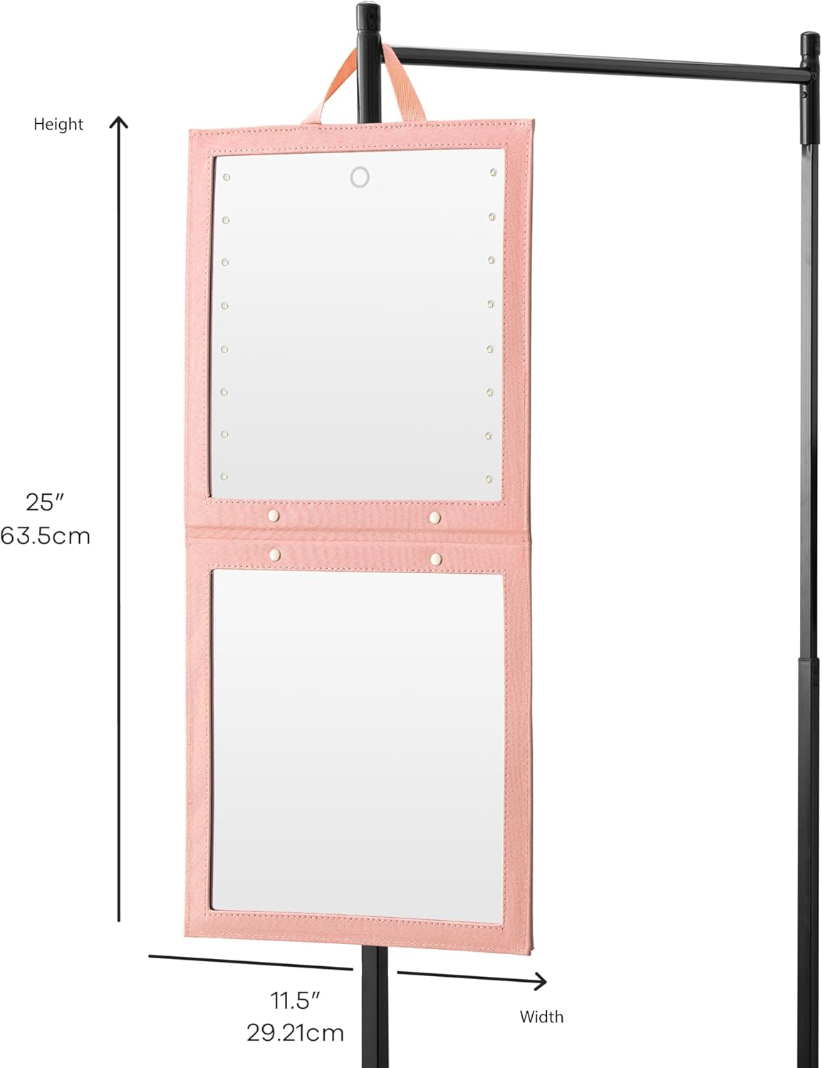 Bruun Hangable Mirror with Dimmable LED Lights for Luminous View &ndash; a Pink Foldable Backstage Mirror for Dancers, Artists and Aestheticians at Home, Spa or Events with Touch Sensitive Power Button