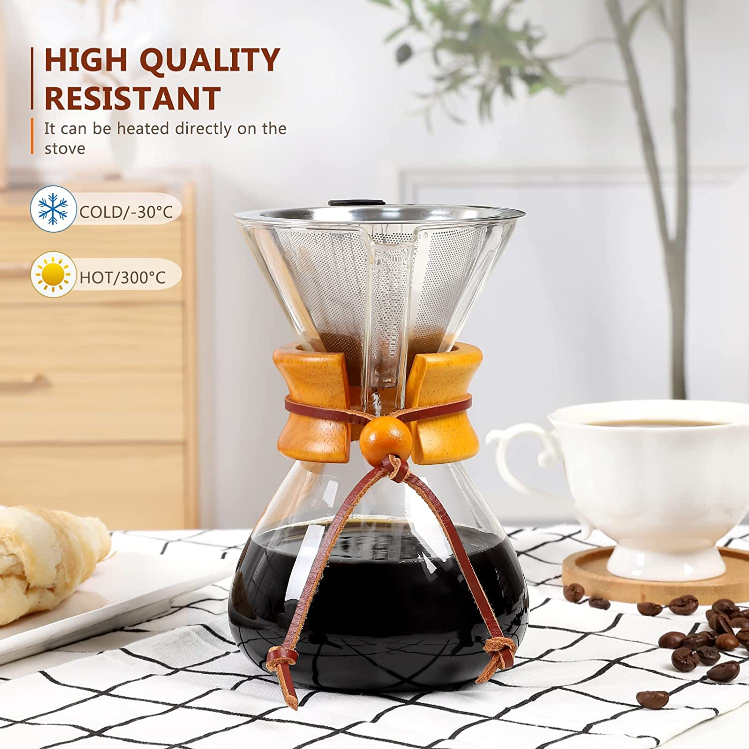 V60 Pour over Coffee Maker Glass Coffee Pot Manual Drip Coffee Brewer with Coffee Filter for Home, Travel (400 Ml, Brown) image number 2