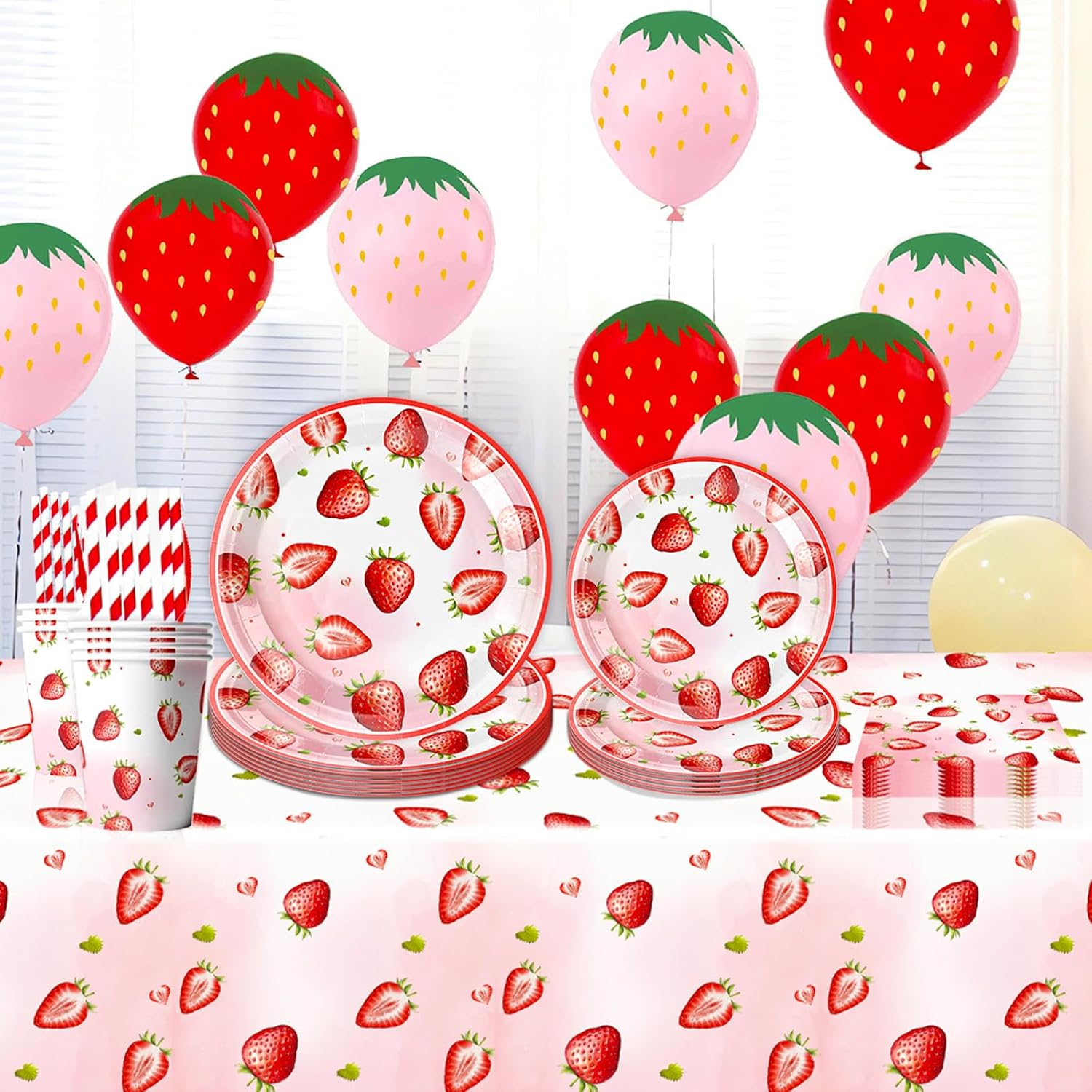 61PCS Strawberry Theme Birthday Tableware Set - Strawberry Decorations, Camping Party Supplies - Paper Plate, Cup, Napkin, Tablecloth, Fruit Party Table Decor image number 6