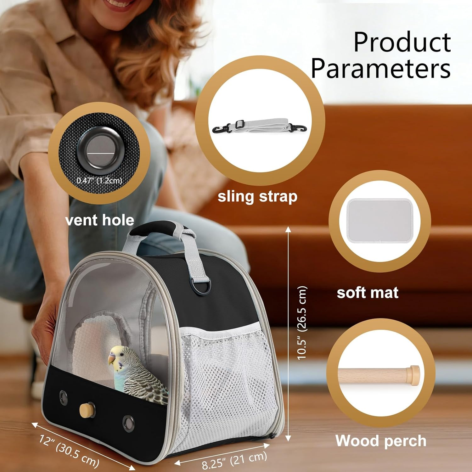 Bird Travel Carrier, Portable Small Bird Parrot Parakeet Carrier with Standing Perch and Soft Mat, Side Access Window Collapsible to Carry and Transport Birds Vet Visit image number 5