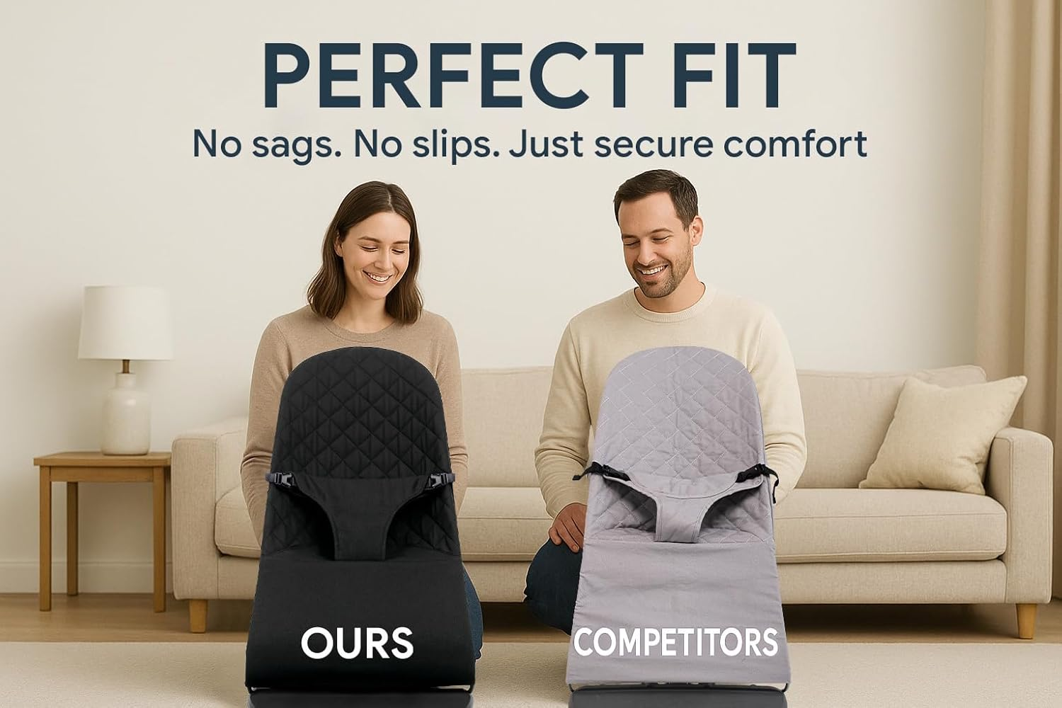 Fabric Seat for Bouncer - Compatible with Baby Bjorn Bouncer - Dense, Wear-Resistant, Skin-Friendly Cotton - Replacement Covers ONLY, Charcoal Black (Charcoal Black) image number 3