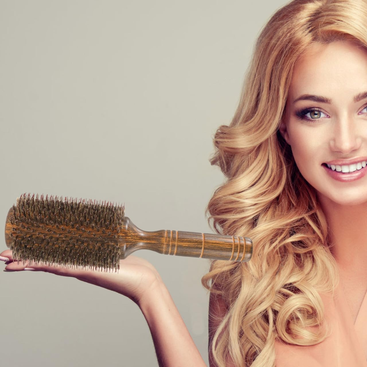 Large Wooden Curling Hairbrush for Curly Hair, Boar Bristle Styling Roll Brush with Handle, Blow Dry Hair Comb for Women at Home and Salon Use image number 3