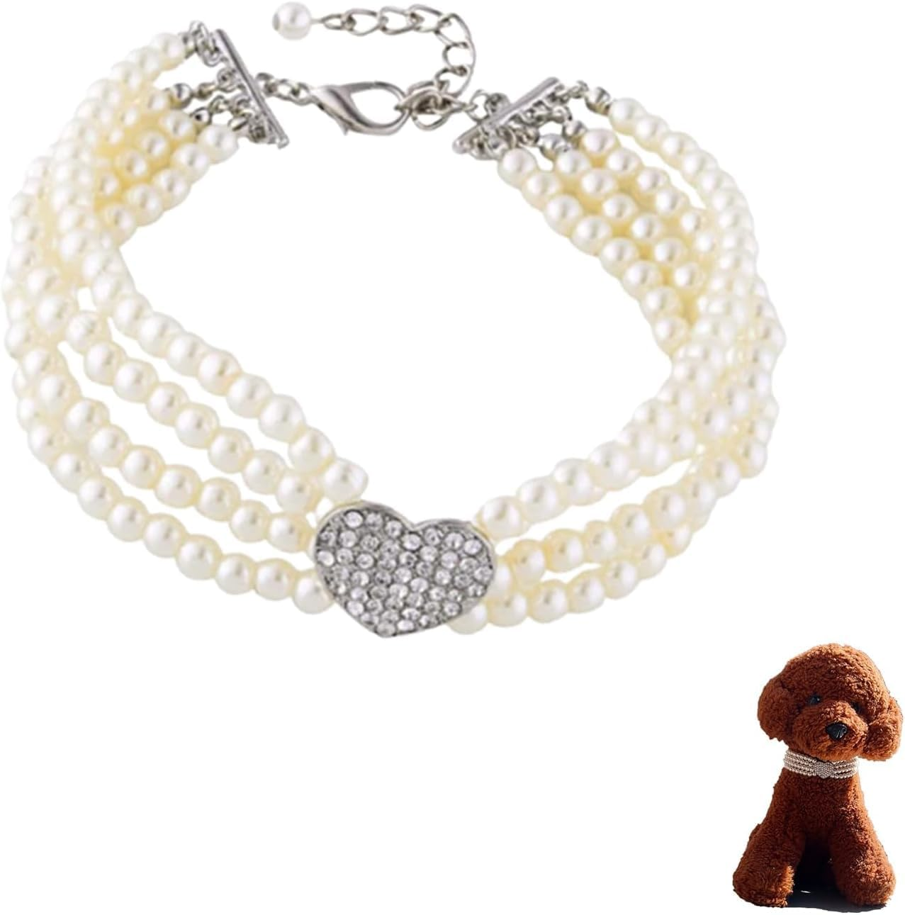 Dog Necklace Collar with Four Rows of Imitation Pearl Fancy Dog Collar Adjustable Dog Pearl Collar for Dog Cat (White, M) image number 1