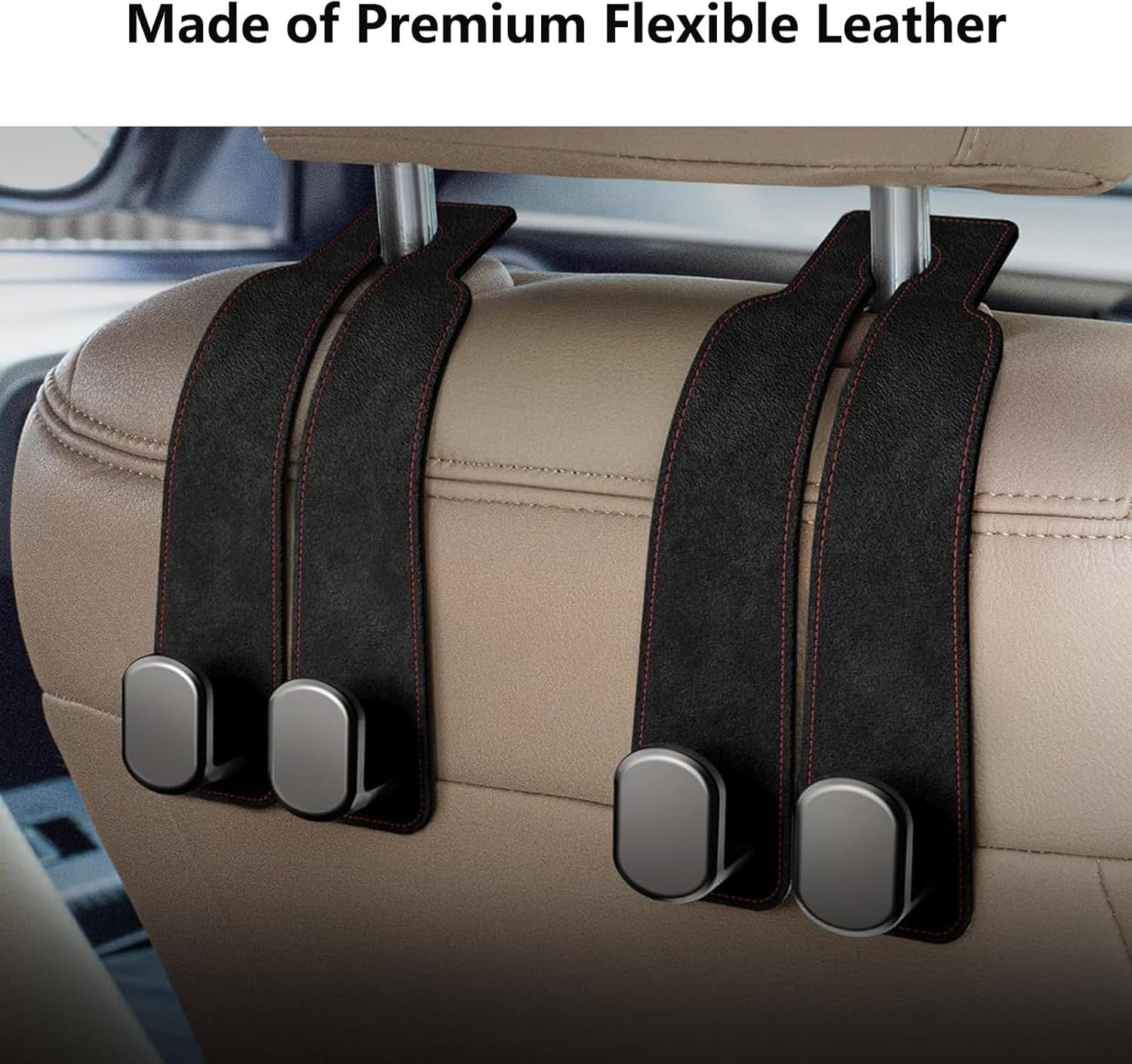 1 Pack Car Hooks for Headrest, Headrest Hooks Car Purse Hook Car Seat Back Storage Hook Premium Leather Car Seat Holder for Headrest Purses and Bags (Black) image number 2
