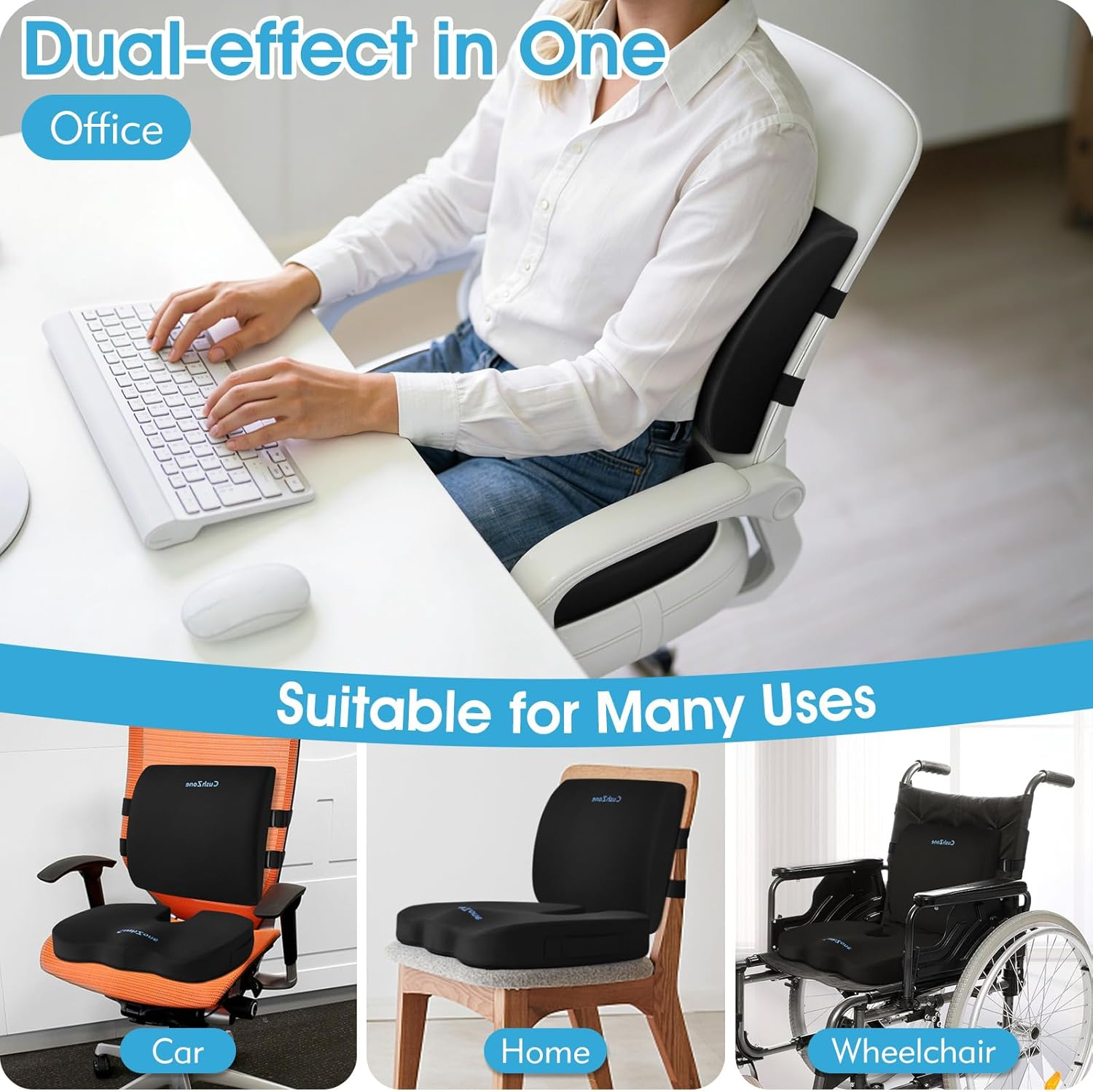 Seat Cushion, Lumbar Support Pillow with Adjustable Strap-Chair Cushions for Sciatica Pain Relief-With Washable Cover Memory Foam for Car, Travel and Wheelchair-Black image number 4