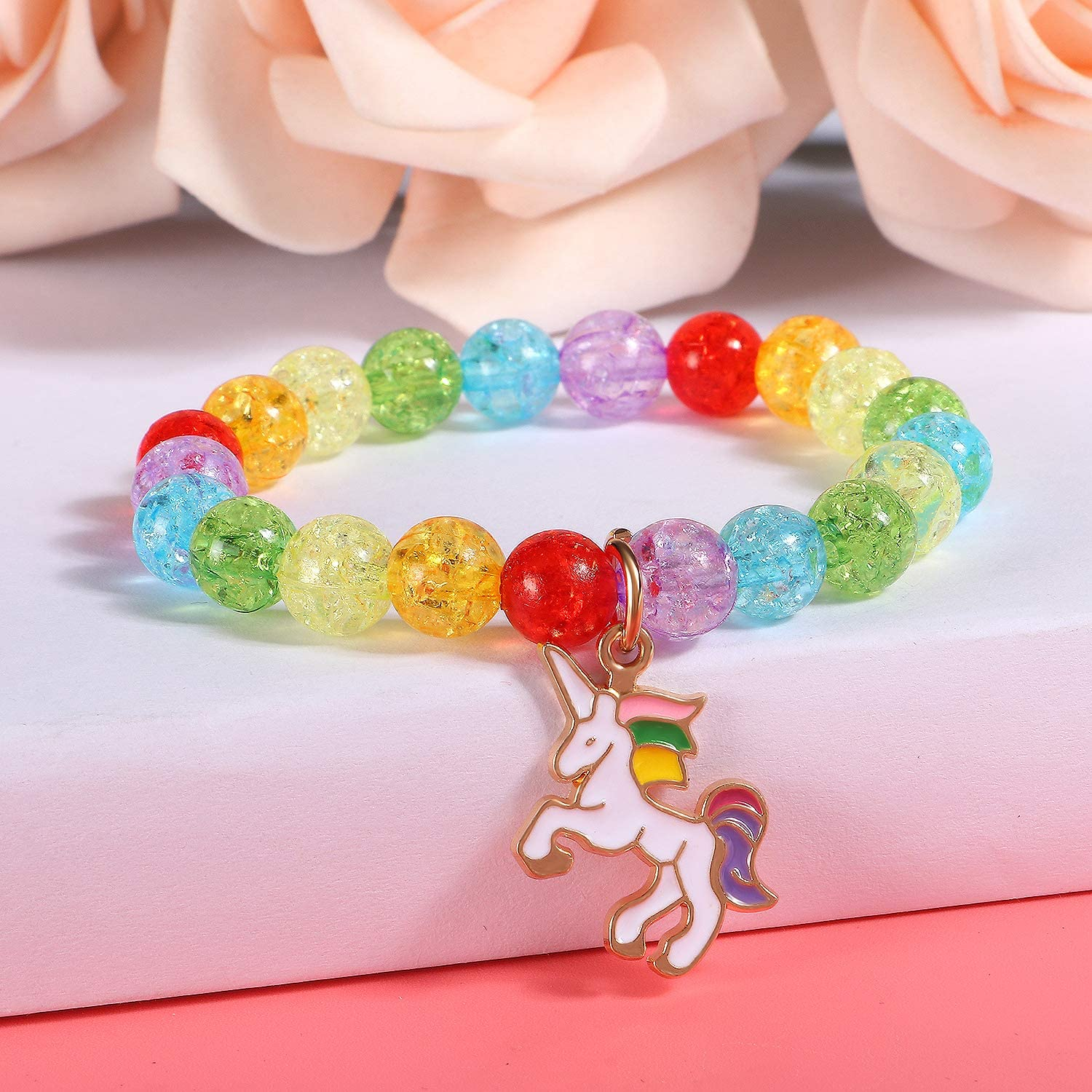 G.C 10 PCS Girls Kids Rainbow Beaded Bracelet with Cute Unicorn Rainbow Heart Star Pendant Stretchy Costume Jewelry Set Gift Play Party Favors Friendship Bracelets Jewelry for Baby Toddler Little Girl image number 4