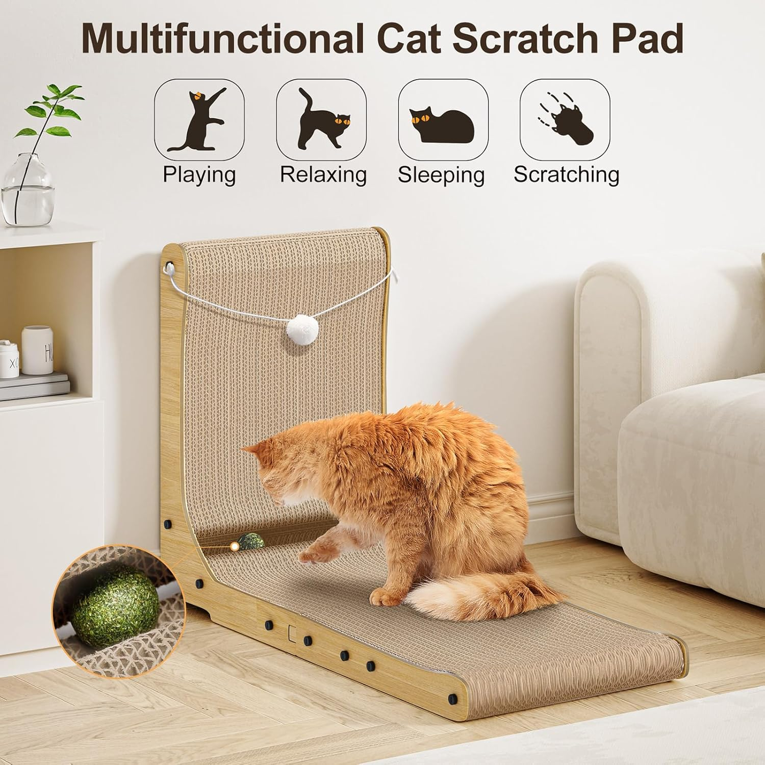 Gimars L Shape 68Cm Cat Scratcher, Cat Scratching Board with Plush & Catnip Balls, Large Size Cat Cardboard Scratcher Wall Mounted for Indoor, Cat Toys for Protecting Furniture (Wood) image number 5