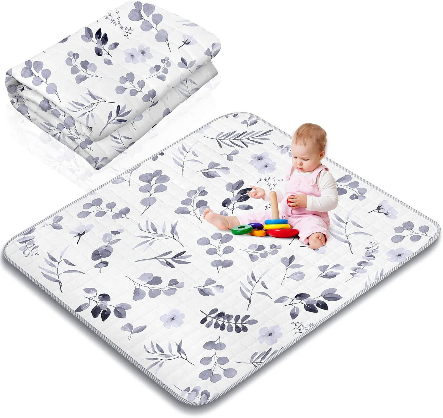 Funtery 43 X 43 Inch Boho Baby Play Mat Portable Crawling Washable Foldable Tummy Time Non Slip Baby Floor Large Playpen Mat for Infants Toddlers Floor Playpen Activity(Bear)