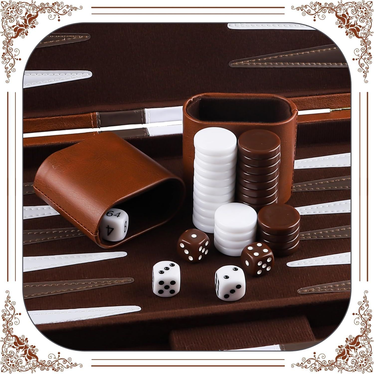 Backgammon Set, 38 CM Travel Backgammon Set with Premium Leather Case(Adults and Kids with Strategy & Guide)-Brown image number 5
