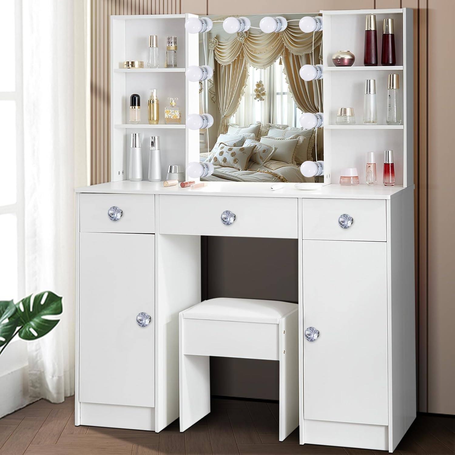 Vanity Table with Mirror and Lights, Vanity Table with 3 Drawers and 2 Doors, Makeup Table with Shelves and Stool, Large Vanity Set for Girls and Women, White