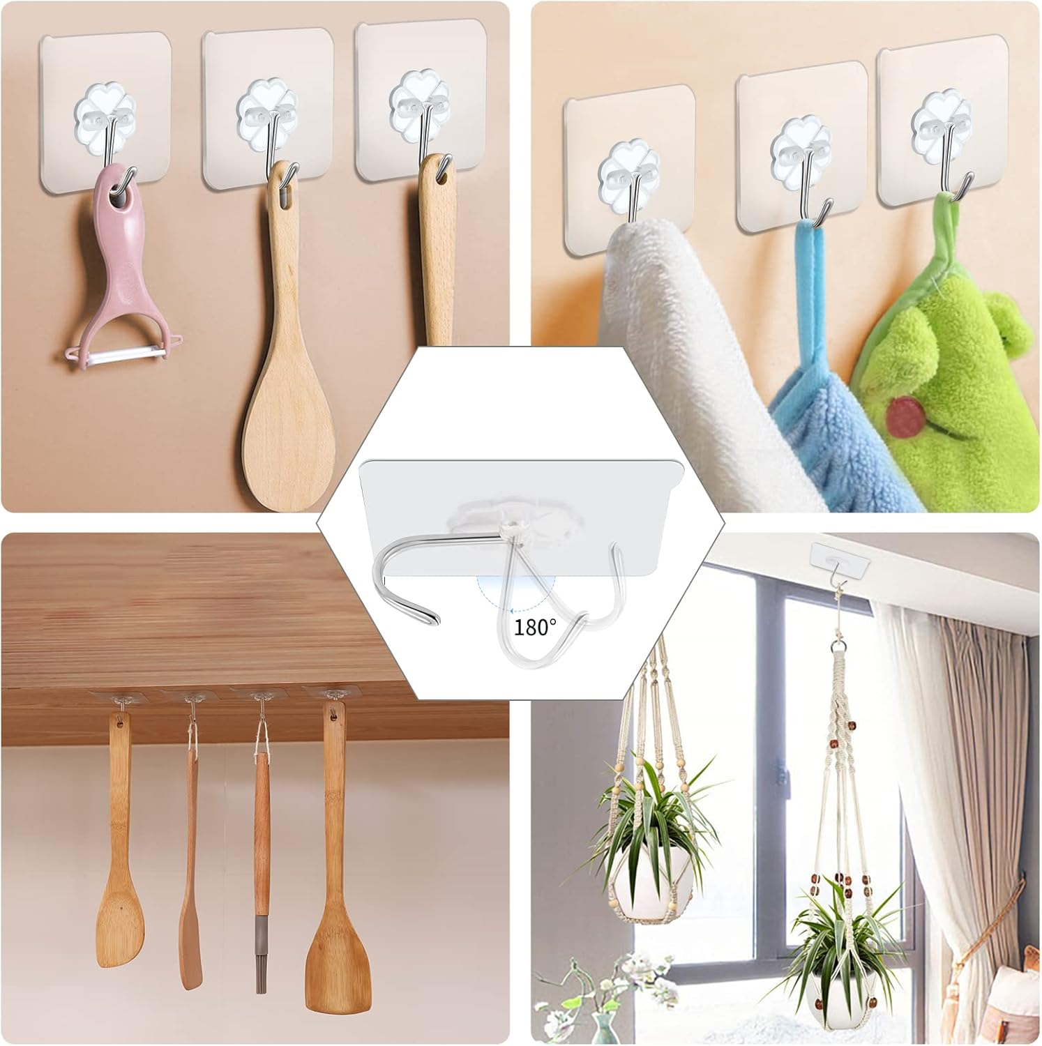 30 Packs Wall Hooks for Hanging Heavy Duty 22Lb(Max), Waterproof Transparent Self Adhesive Hooks Wall Hangers Sticky Hooks for Door Bathroom Shower Kitchen Outdoor Utility Hooks Hanger image number 3