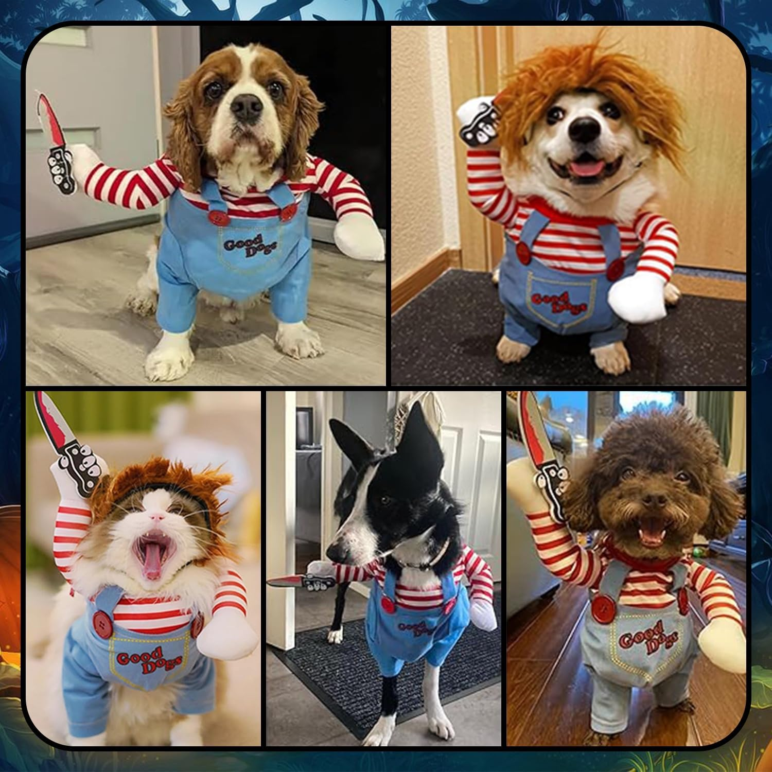 Dog Halloween Costumes, Pet Deadly Doll Dog Costume, Funny Chucky Dog Costume with Wig, Cute Dog Clothes Party Cosplay for Small Medium Large Dogs & Cats (Blue, Large)