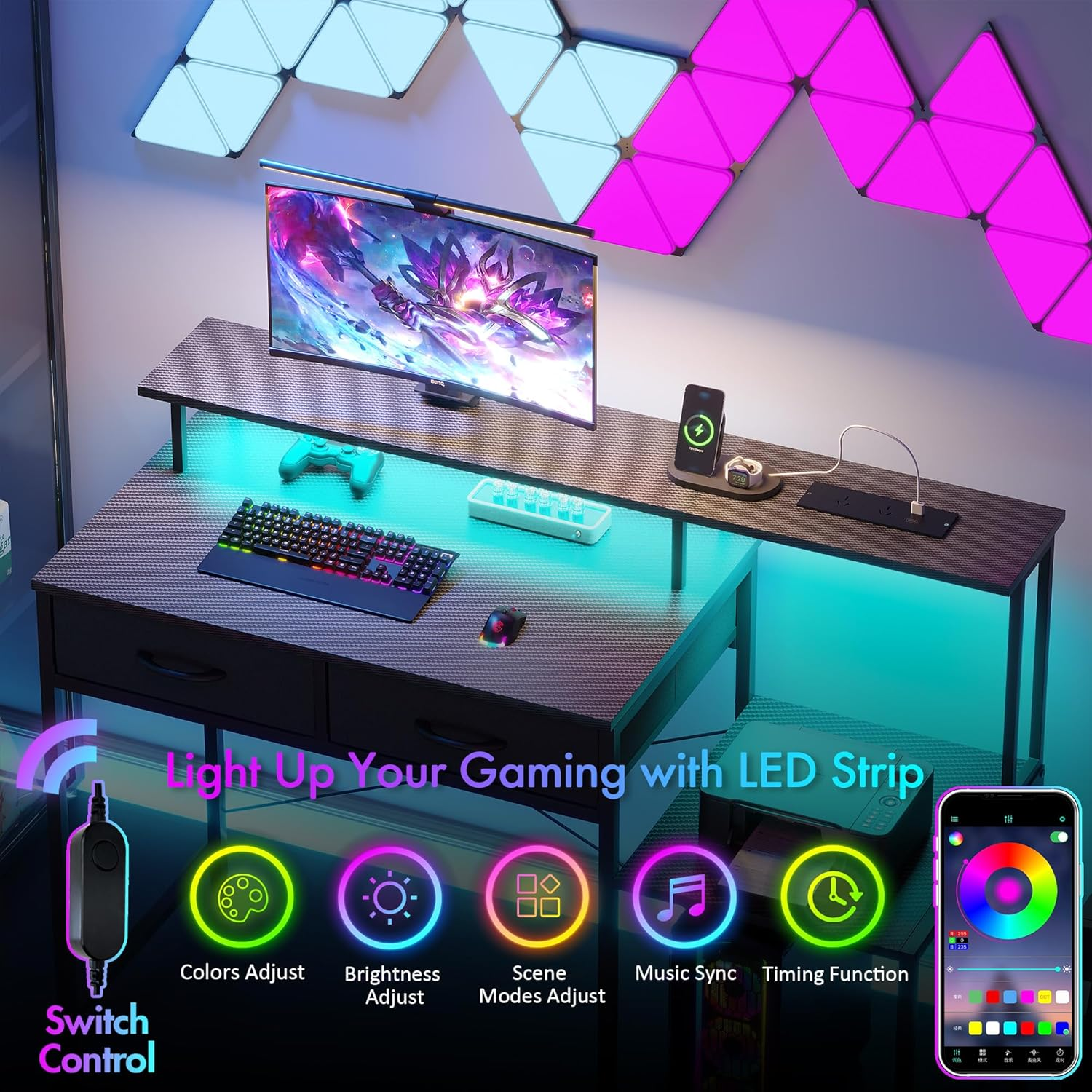 Advwin 120Cm Gaming Desk with LED Lights & Power Outlets Reversible Printer Storage Shelf Computer Desk with Drawers & Headphone Hook Black image number 6