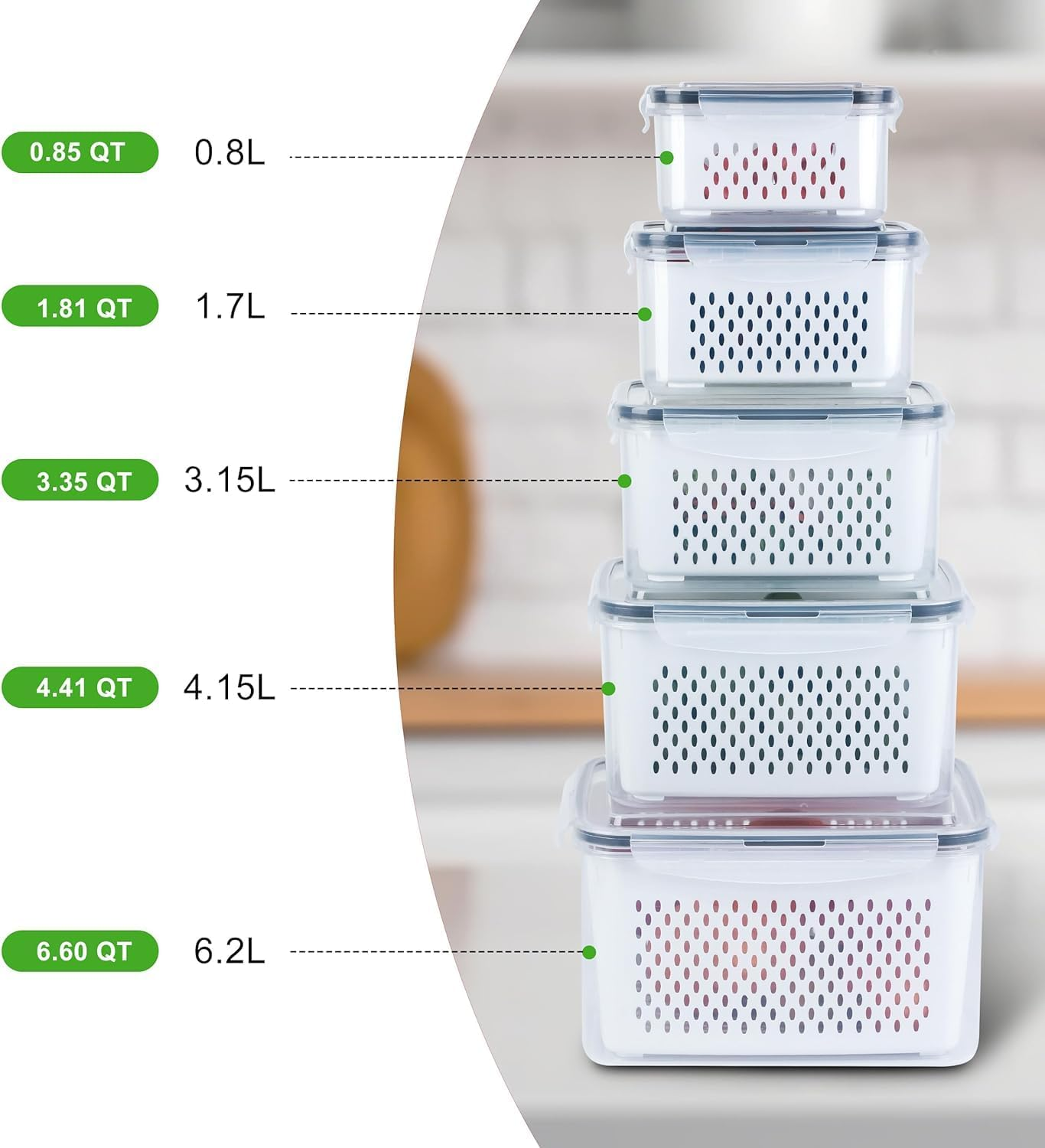 HOMIEST 5 Pack Fruit Storage Containers for Fridge with Removable Colanders - Food Storage Containers with Lids, Bpa-Free Produce Containers Keep Fruits, Vegetables, Berry, Meat Fresh Longer