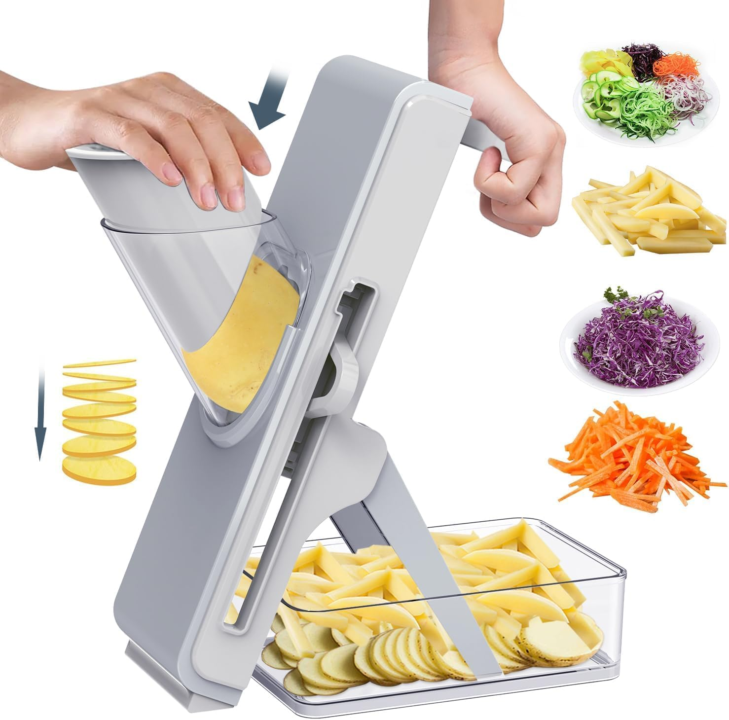 Upgrade Safe Mandoline Slicer for Kitchen - Multifunctional Vegetable Salad Chopper, Potato Cucumber Slicer, French Fry Cutter, Professional 3 in 1 Veggie Food Chopper with Container (Light Grey) image number 4