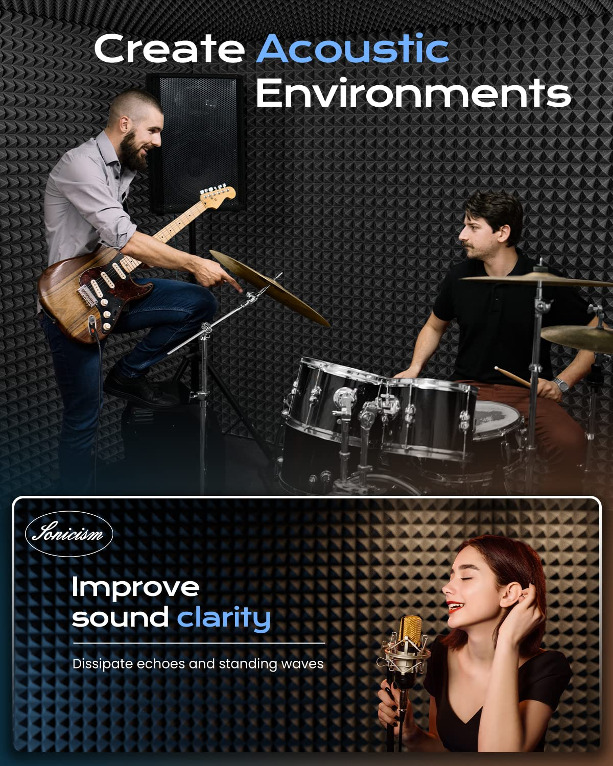 Sonicism 12 Pack Pyramid Sound Proof Foam Panels with Self-Adhesive,12'' X 12'' 1'' Acoustic of High Density,Soundproof Wall Fast Expand,Sound Absorption and Decoration (Black),(Wf008) image number 3