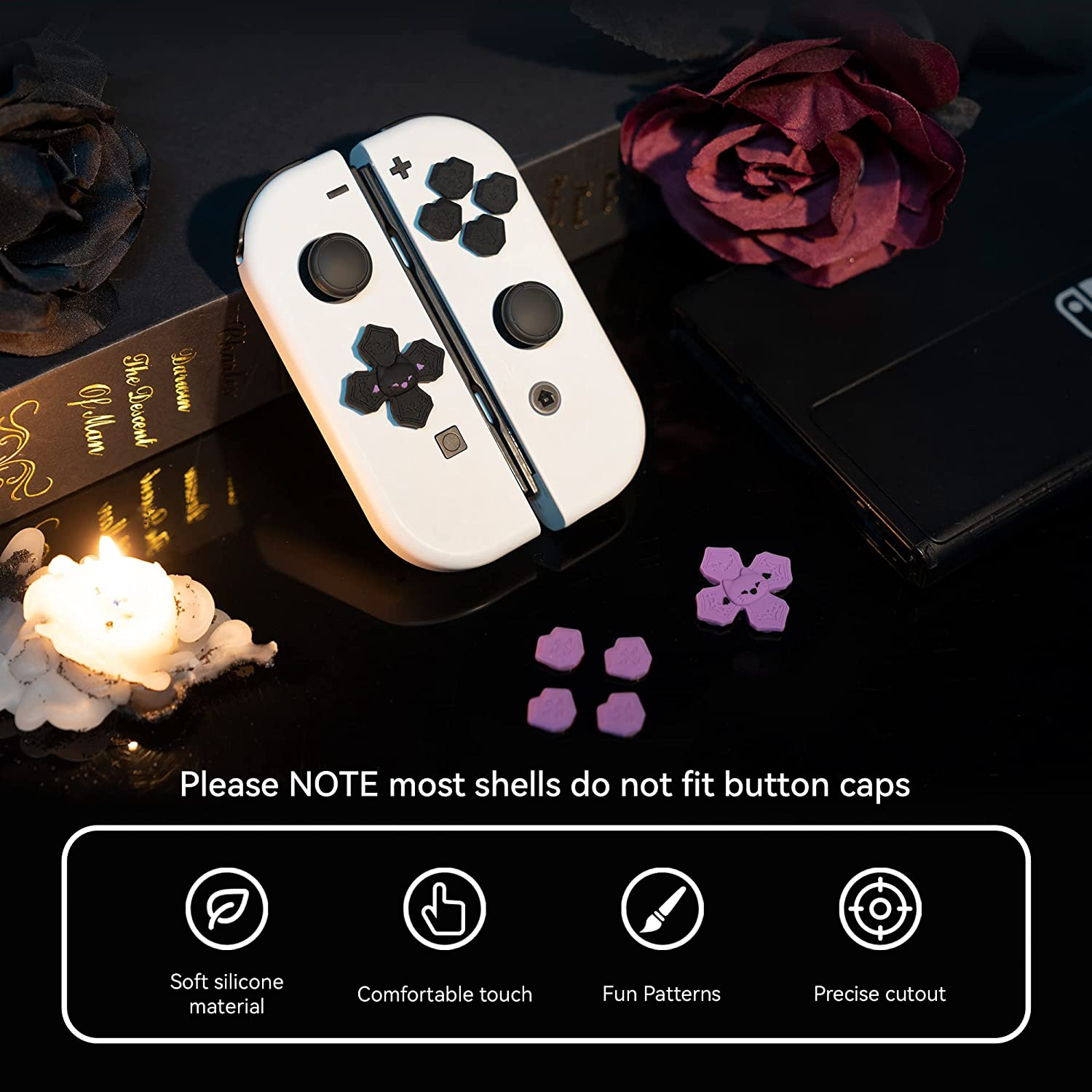 Geekshare Soft Silicone Pastel Cross D-Pad Button Caps Set - ABXY Key Buttons Sticker Compatible with Switch/Oled Game Console (Spooky Cat) image number 3