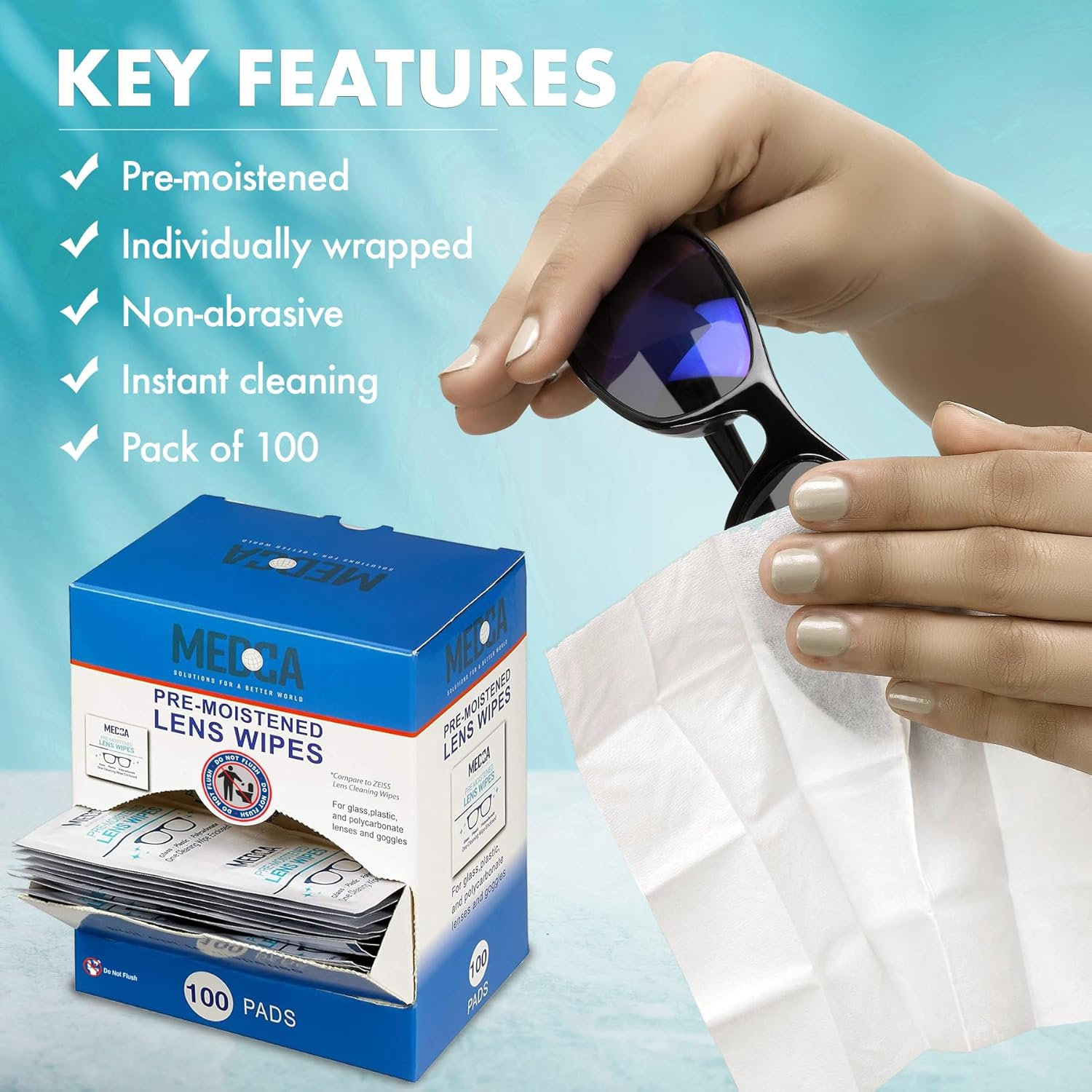 Premoistened Lens and Glass Cleaning Wipes - Portable Travel Cleaner for Glasses, Camera, Cell Phone, Smartphone, and Tablet - Disposable, Quick Drying, Streak Free - Individually Wrapped, Pack of 100 image number 1