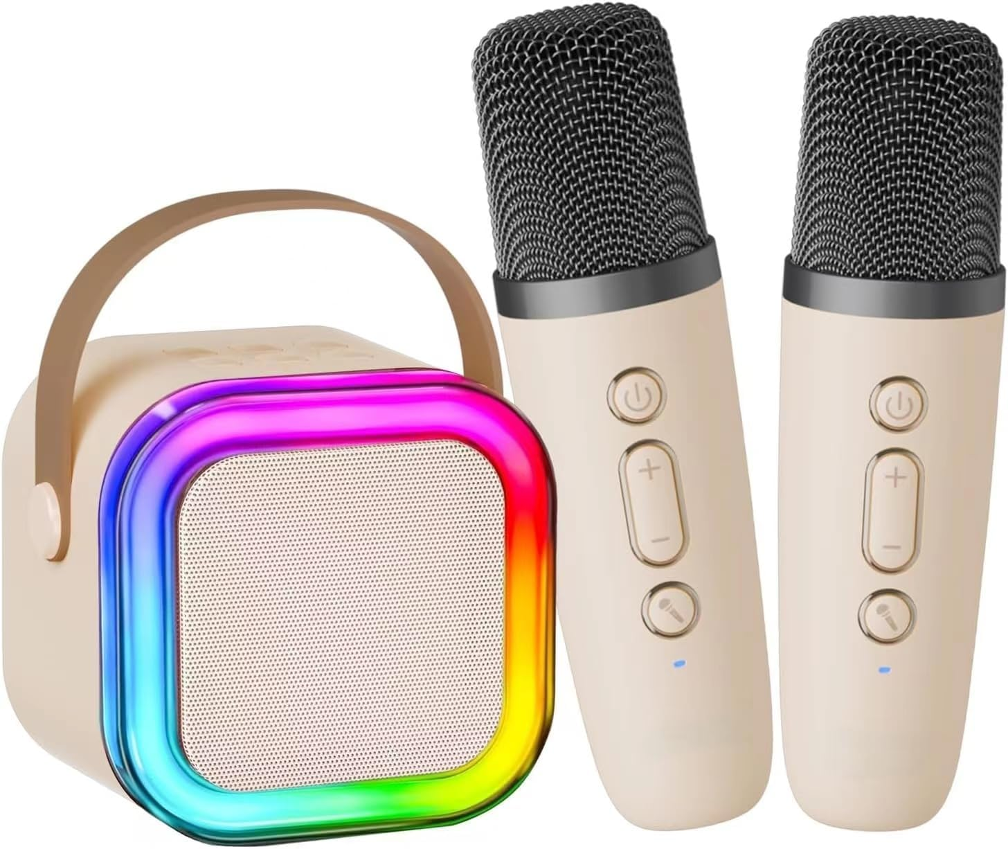 Kids Karaoke Machine, Karaoke Microphone Machine Toy with 2 Wireless Microphones, Portable Bluetooth Speaker Gift with Colorful Lights for Girls Boys Family Home Party(Beige)