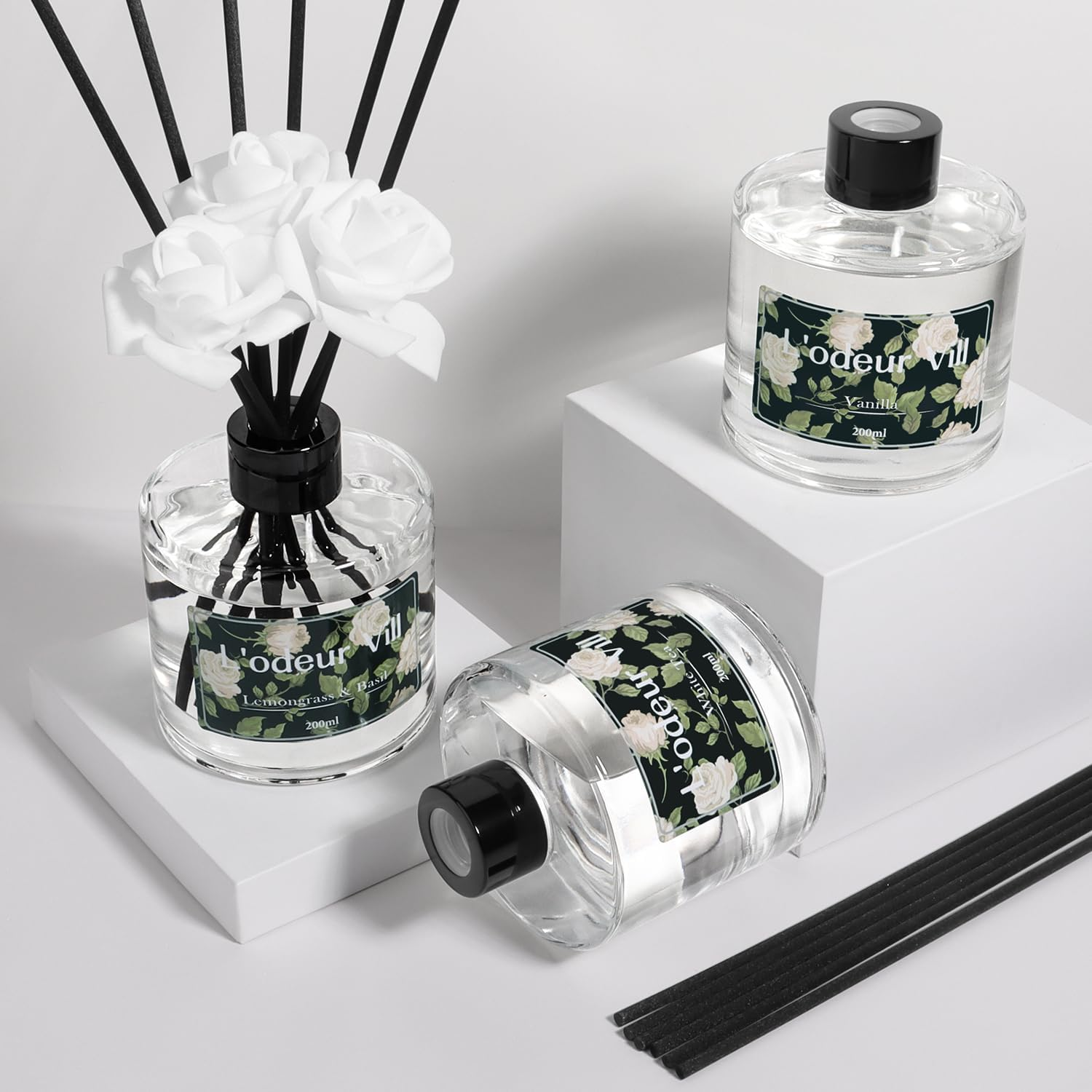 L'Odeur Vill Reed Diffuser Set, 6.7 Oz Lemongrass & Basil Scented Diffuser with 6 Sticks, Reed Diffuser with 3 Artificial Rose Home Fragrance for Bathroom Shelf Decor image number 4