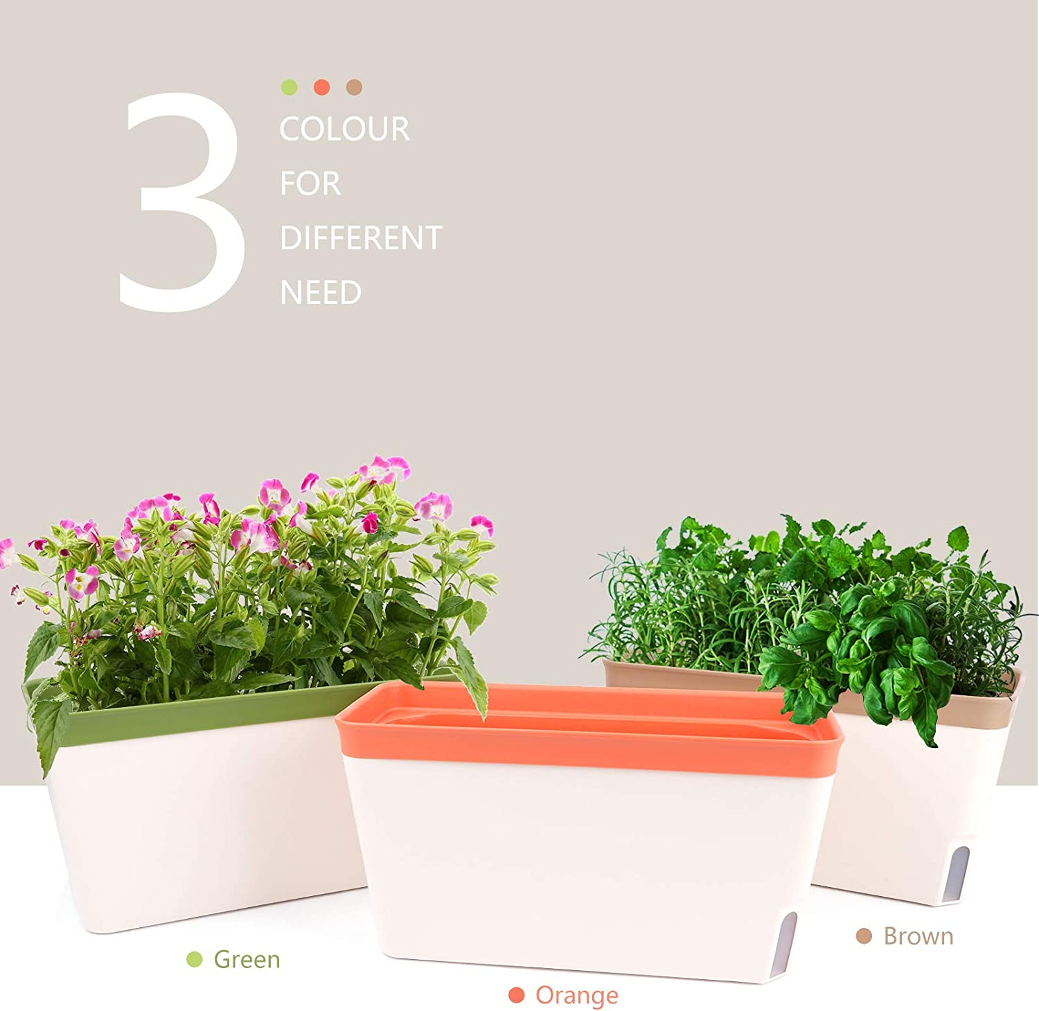Ourwarm Windowsill Herb Planter Box, Set of 3, Self Watering Plant Pots, 10.5 Inch Rectangular Planter Pots, Decorative Garden Flower Pots for Indoor Plants, Herbs, Vegetables, Flowers (3 Colors) image number 4