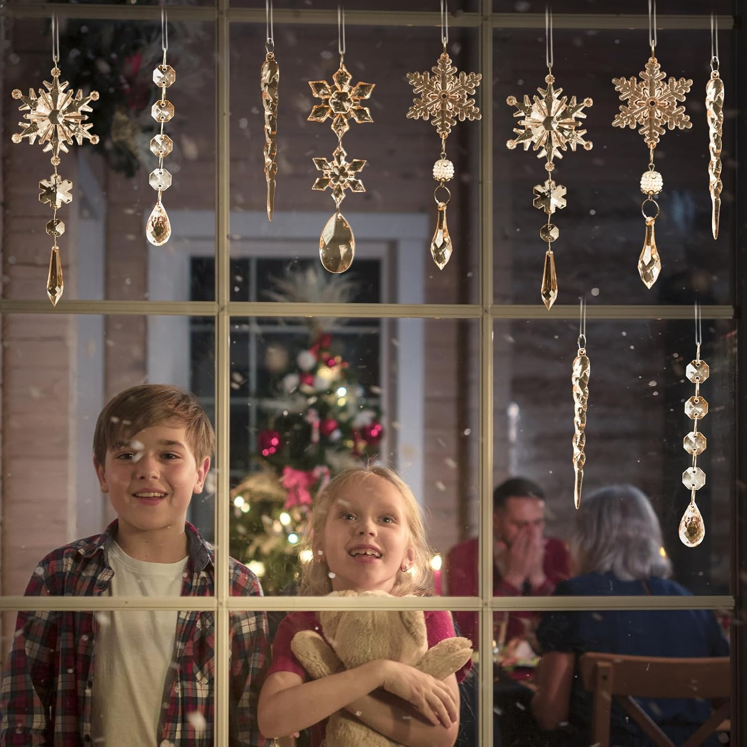 18Pcs Crystal Christmas Ornaments for Christmas Tree Decorations-Champagne Hanging Acrylic Snowflake and Icicle Ornaments with Drop Pendants for New Year Party Decorations Supplies