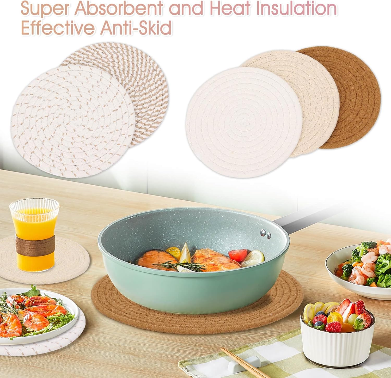 Trivets for Hot Pots and Pans, 6 Pieces Boho Rivets for Hot Dishes, Pot Holders for Kitchen, Hot Pads for Countertops, Boho Home Decor, House Essentials for New Home, 11.8 Inches and 7 Inches - Brown image number 1