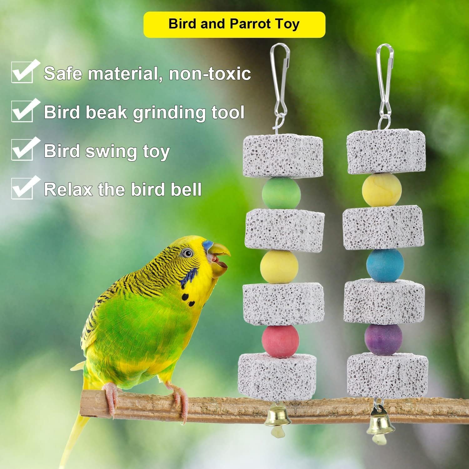 Parrot Beak Trim Calcium Stone Cage Toy,2Pcs Bird Beak Grinding Stone with Bell,Parrot Beak Grinding Calcium Stone with Bell image number 1