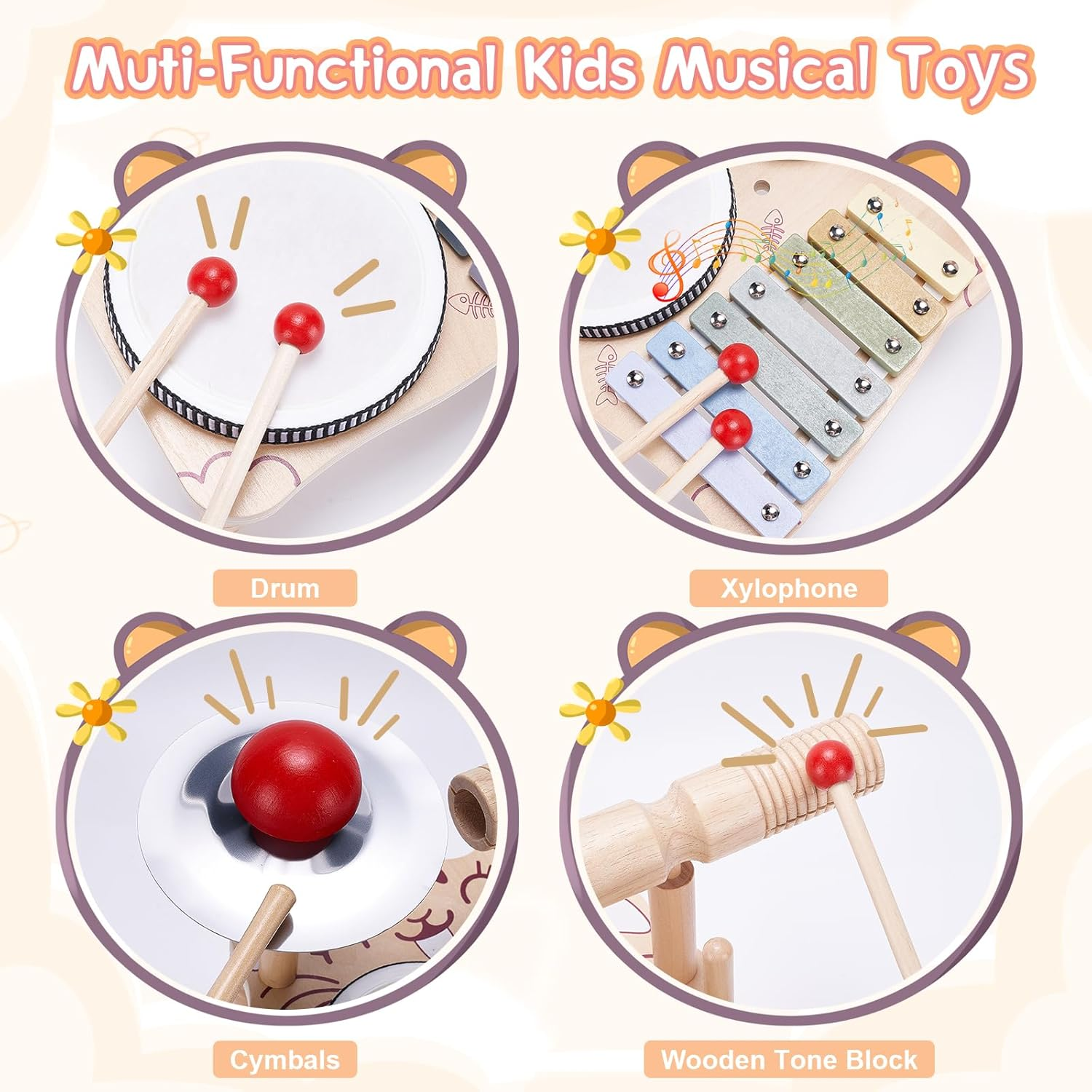 Wooden Drum Set for Toddlers, Baby Musical Instrument Set Kids Toys, Natural Wooden Montessori Toys Xylophone Music Kit Baby Sensory Toys Months Birthday Gifts for Girls Boys