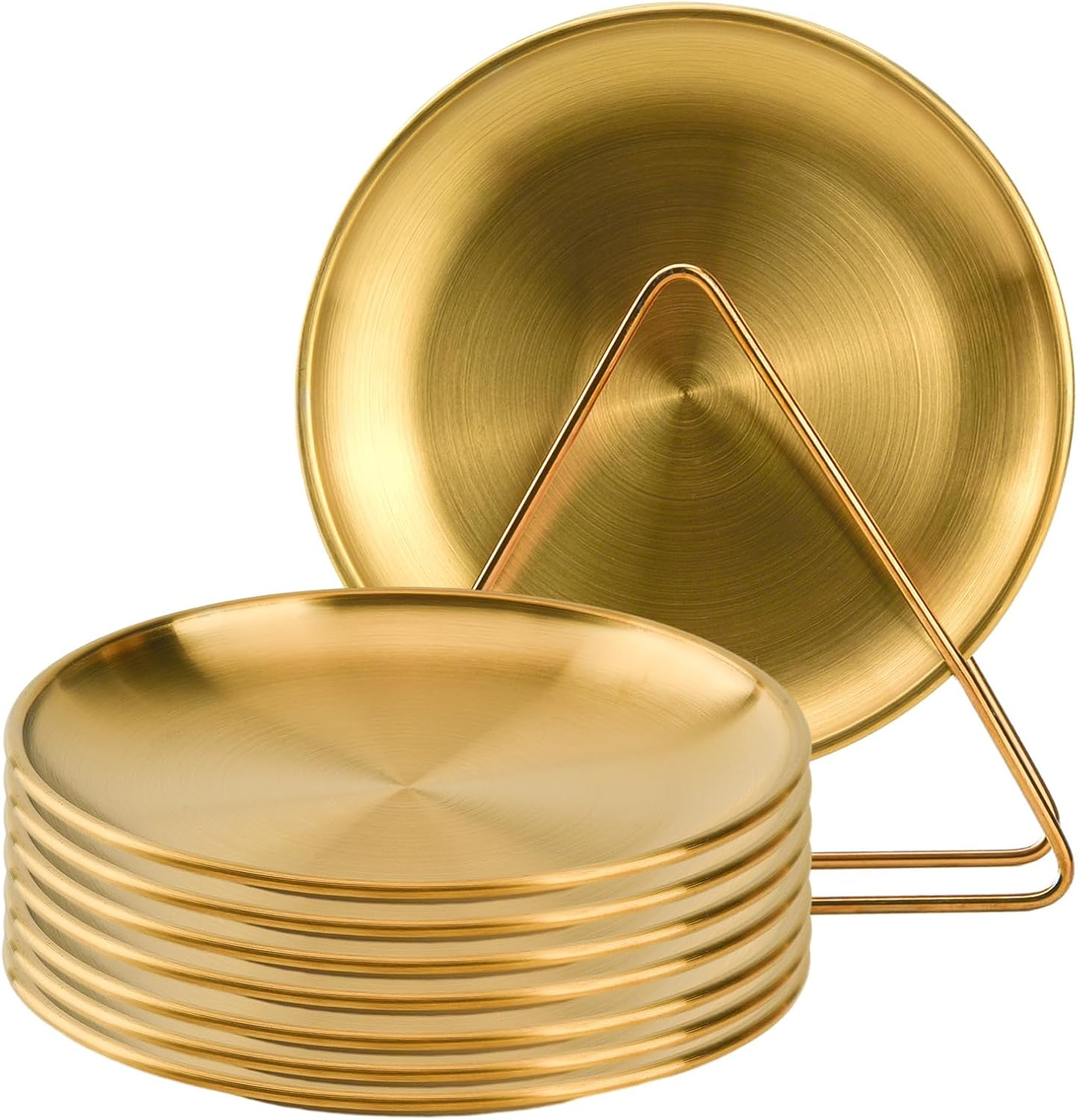 8-Piece 7.8-Inch Appetizer Plate with Stand Set Gold Silver Stainless Steel round Plates Suitable for Cakes Desserts, Salads, Dips, Snacks, Side Dishes (Gold, 7.8Inch)