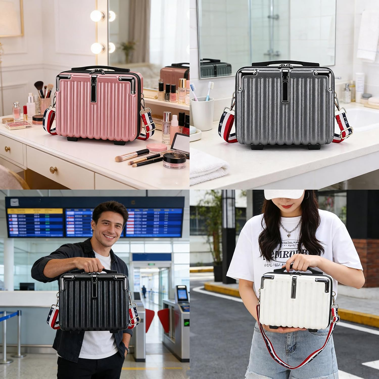 Mini Suitcase Hard Shell Makeup Bag Travel Cosmetic Case Portable Makeup Luggage with Shoulder Strap for Women, Black, Elegant - Pink image number 7