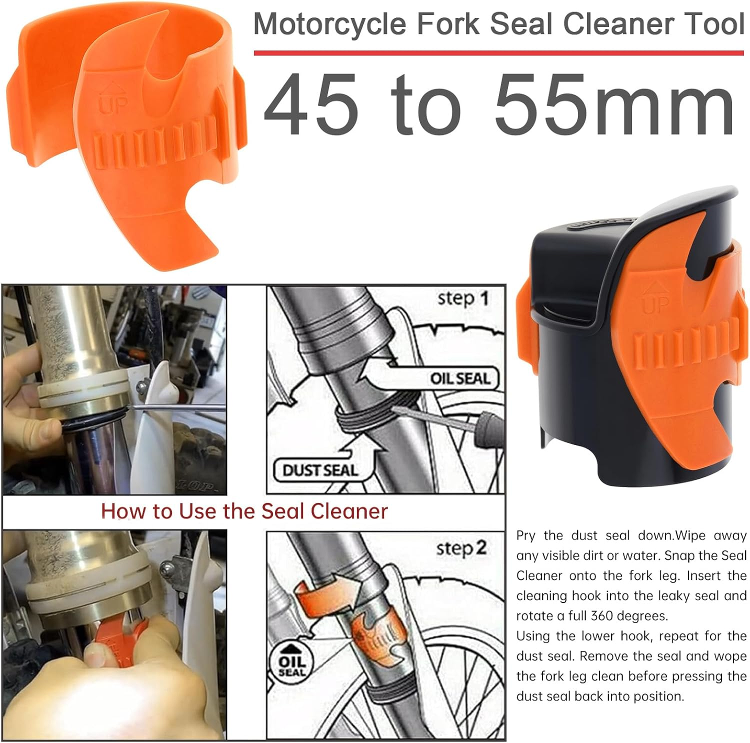 Windance Motorcycle Fork Seal Saver Cleaner,Front Fork Seal Clean Tool, Shock Repairing Absorber Tool 45Mm-55Mm (Orange) - Orange image number 4